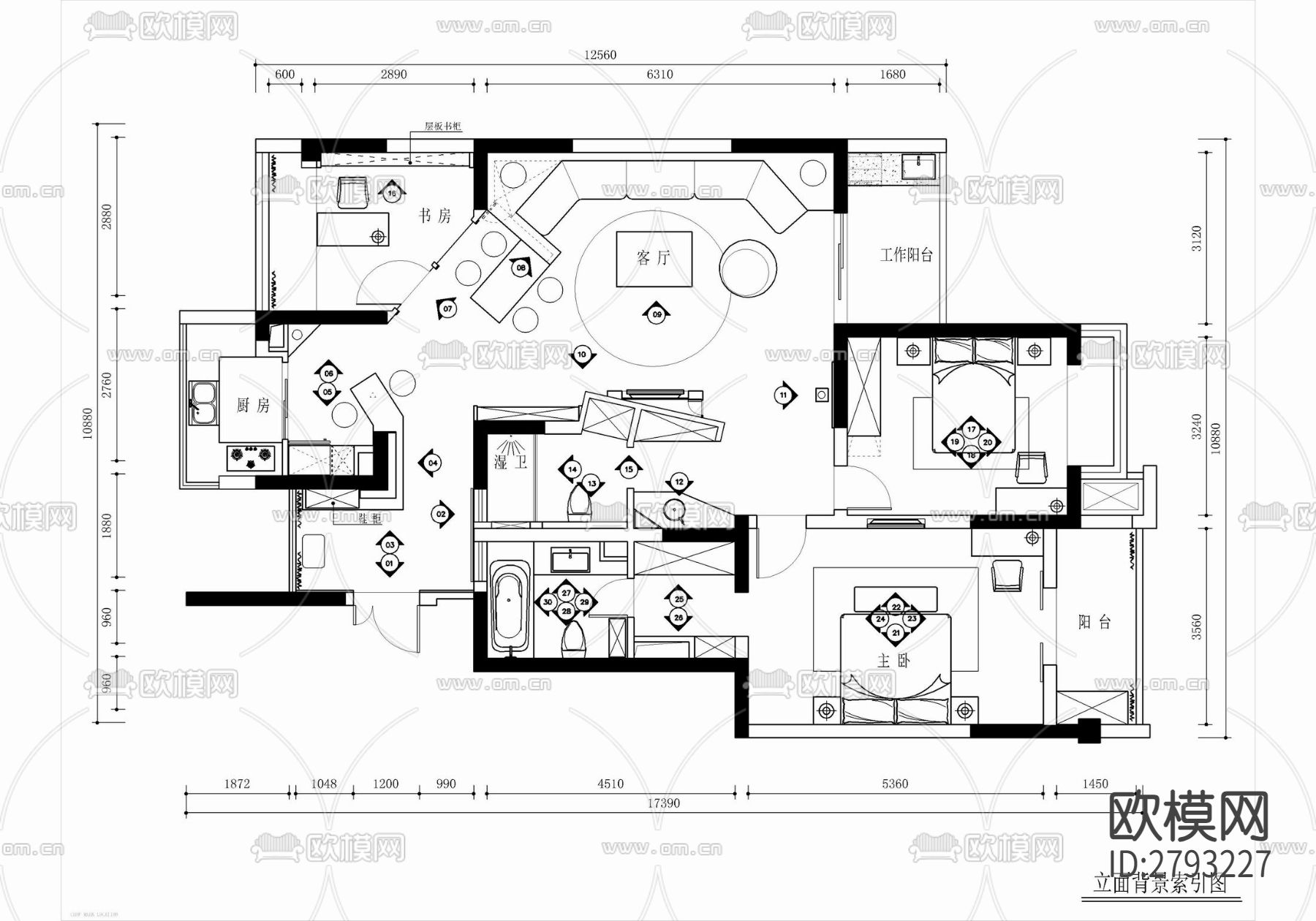 150㎡创意家装平层CAD施工图下载（渲染图5）