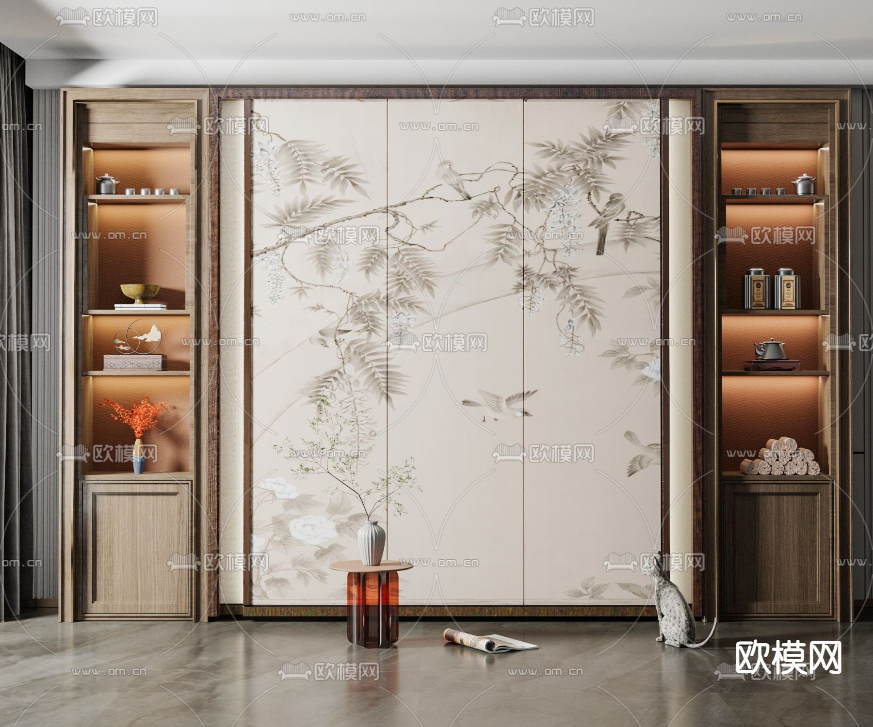 新中式装饰柜su模型下载（渲染图1）