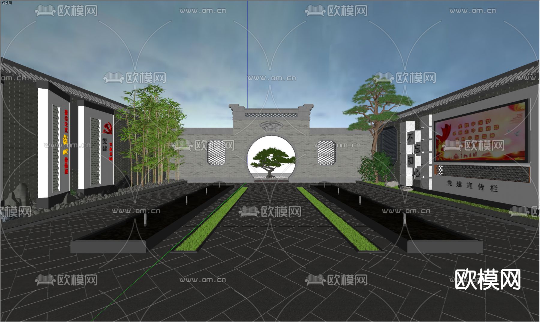 新中式党建文化公园su模型下载（渲染图3）