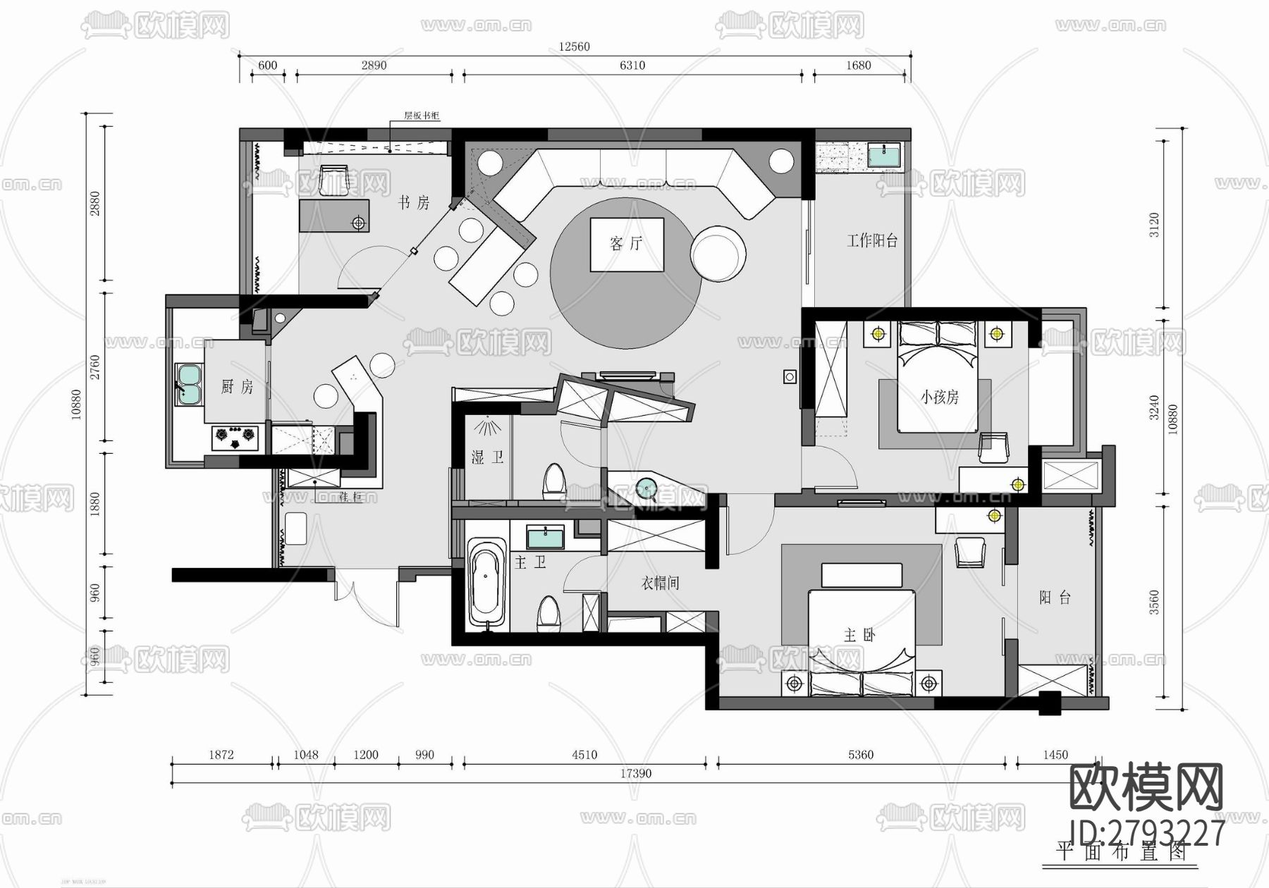 150㎡创意家装平层CAD施工图下载（渲染图1）