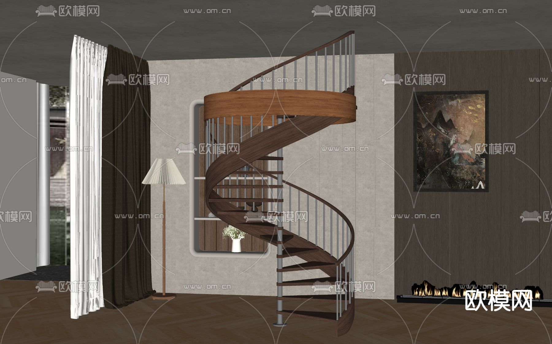 美式旋转楼梯su模型