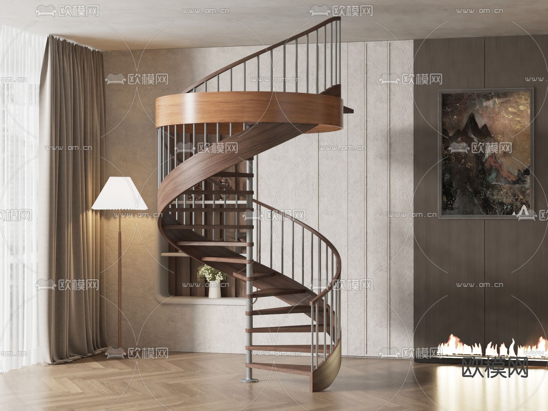 美式旋转楼梯su模型