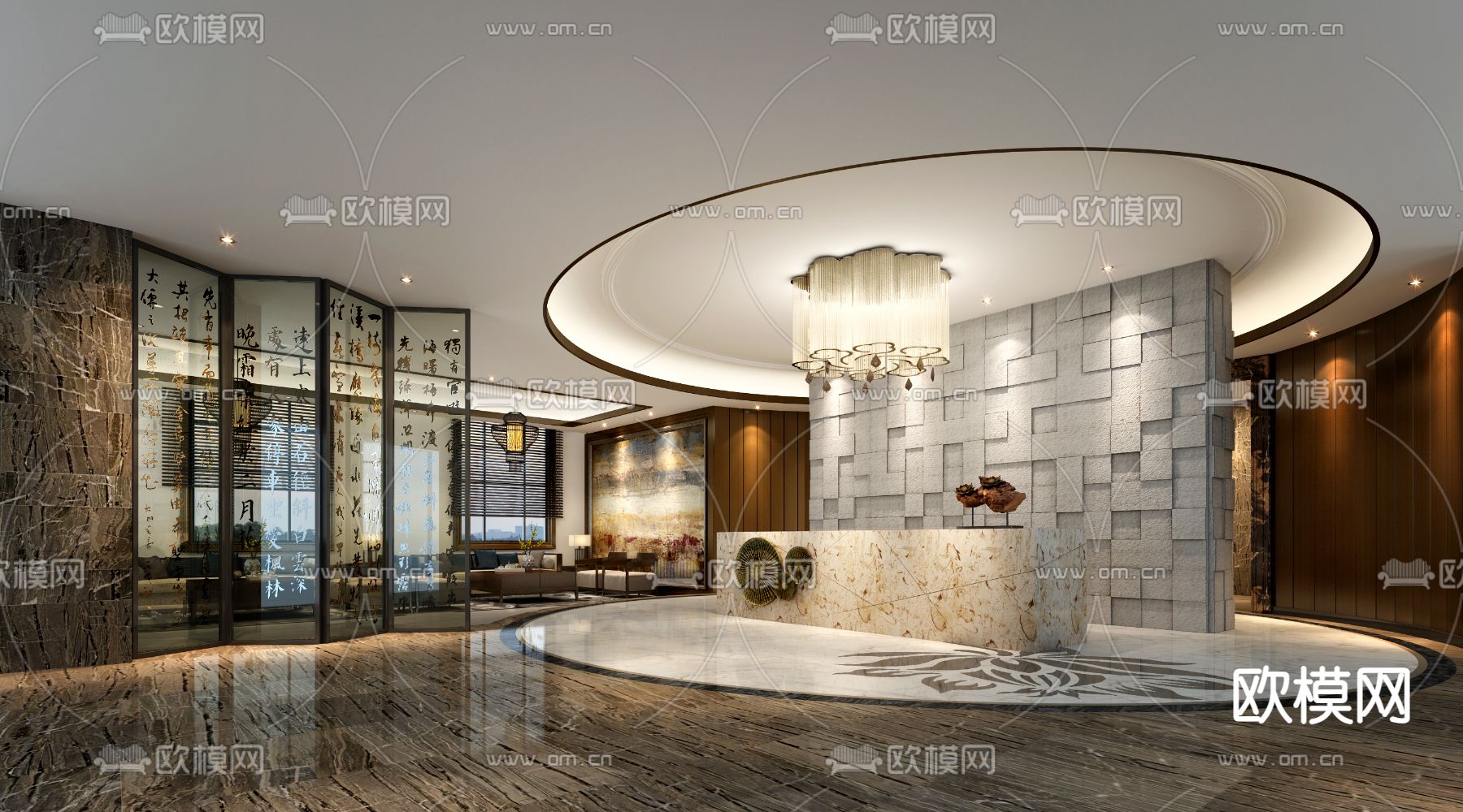 新中式酒店大堂su模型下载_ID14226228_sketchup模型下载-欧模网