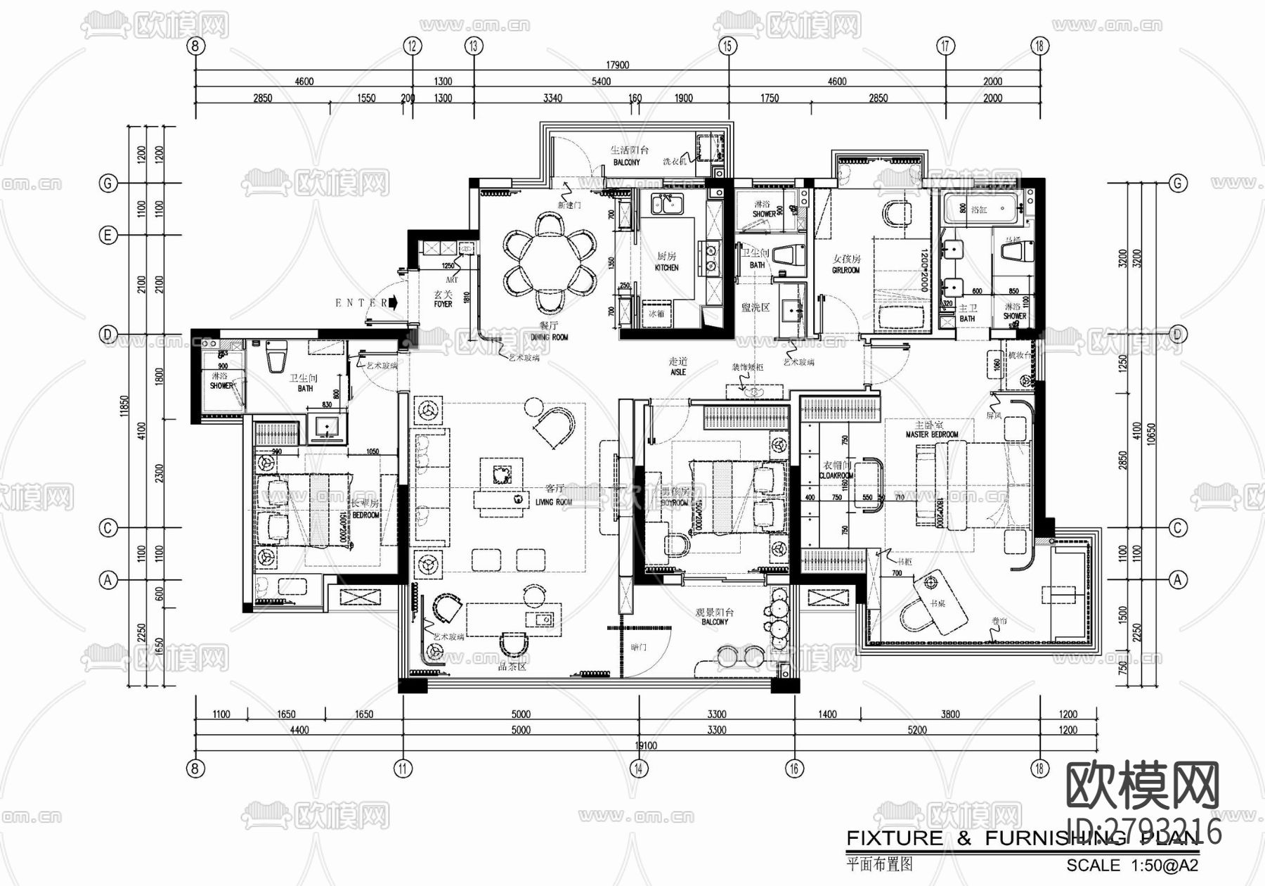 175㎡新中式大平层室内CAD施工图下载（渲染图3）