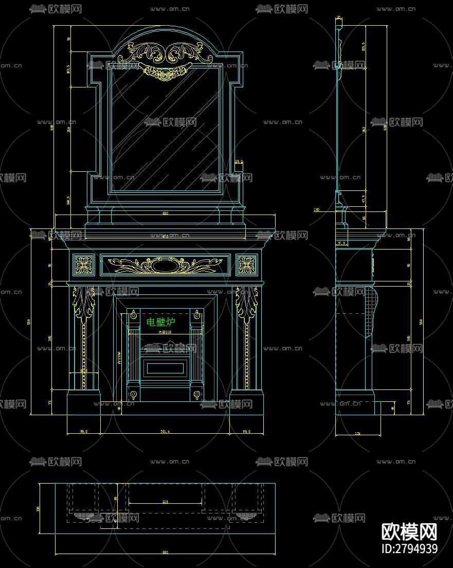 整木固装欧式壁炉设计cad大样图下载（渲染图10）