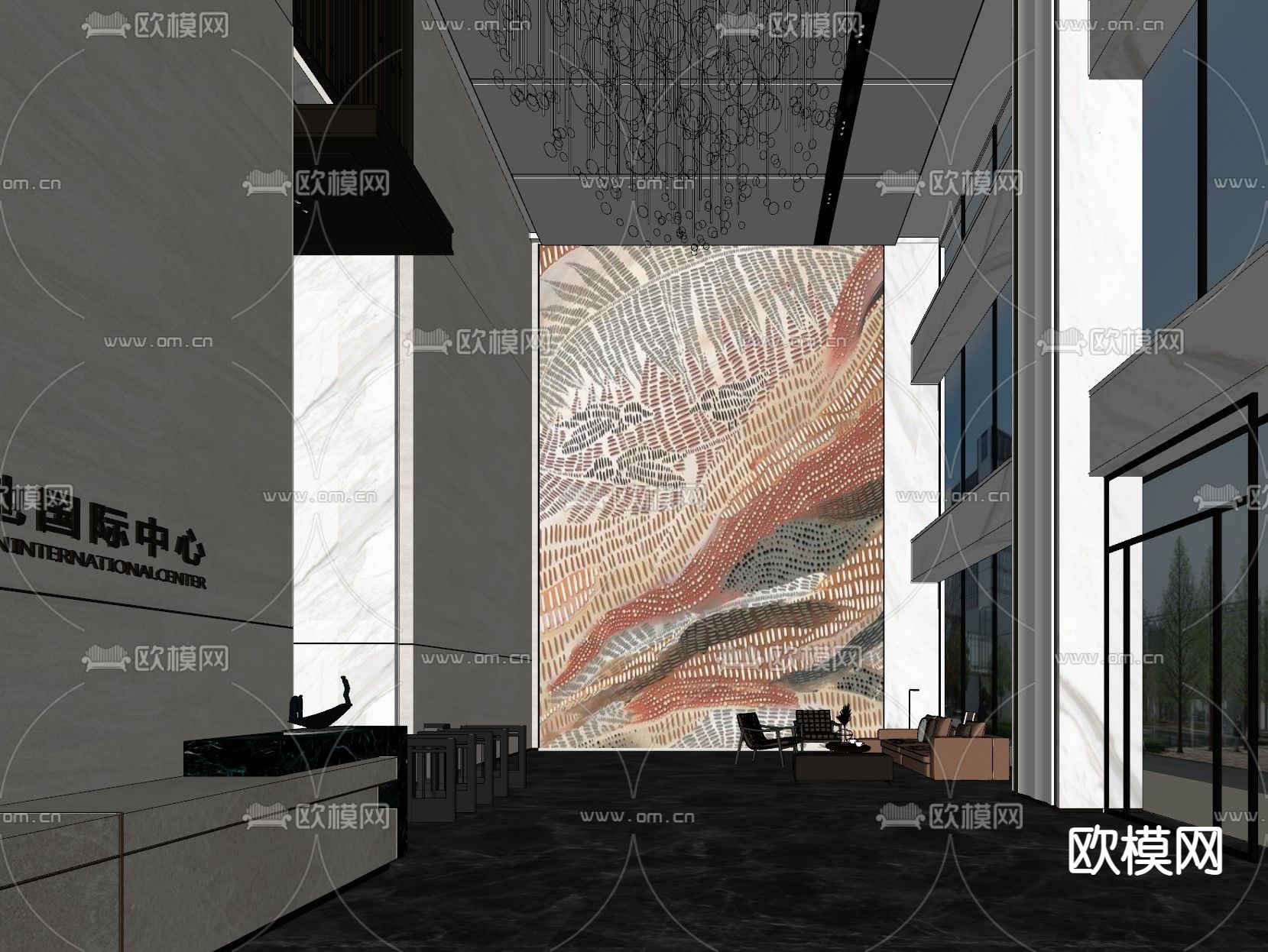 轻奢办公大堂su模型下载（渲染图2）