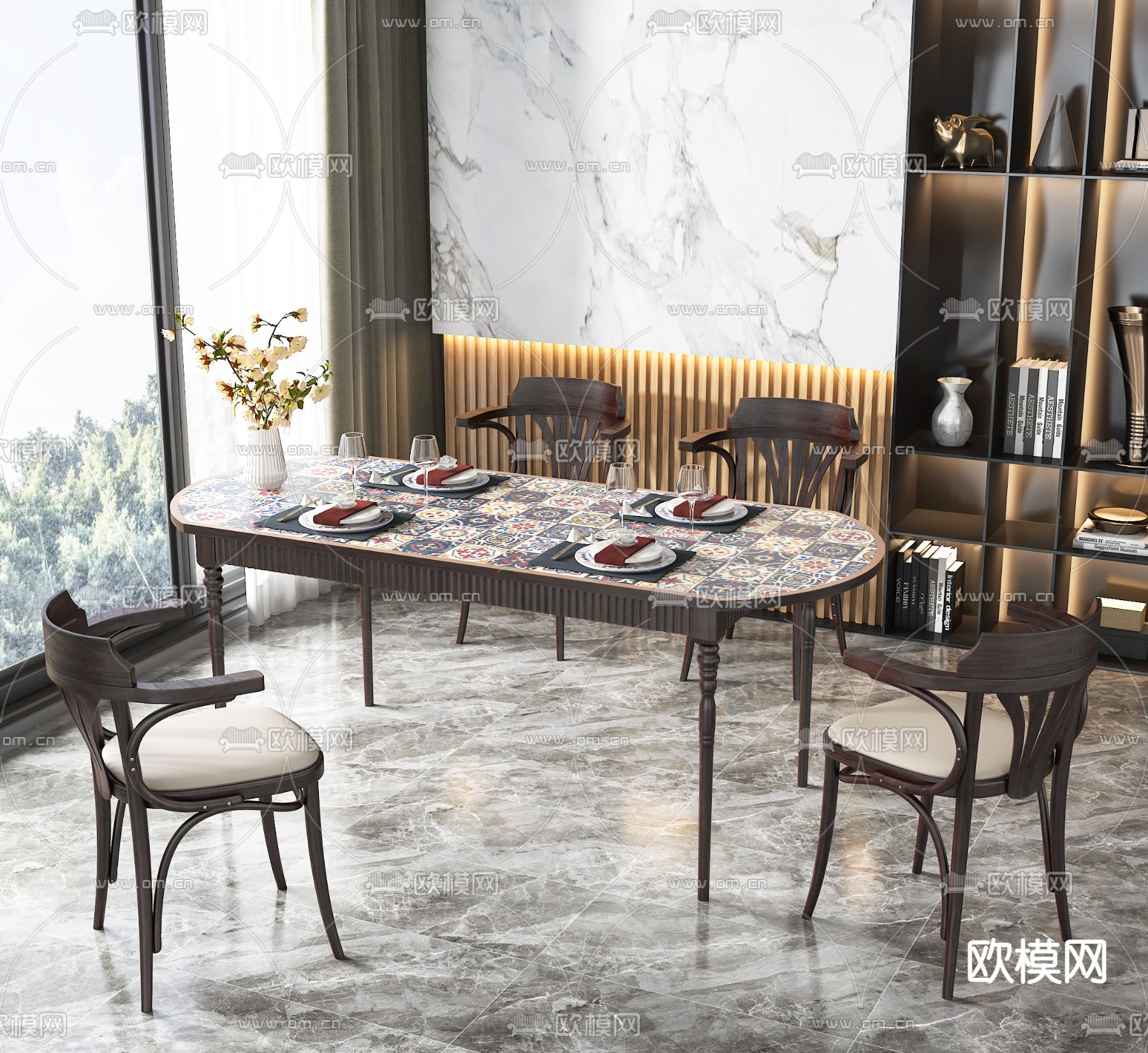 中古风餐桌椅3d模型下载