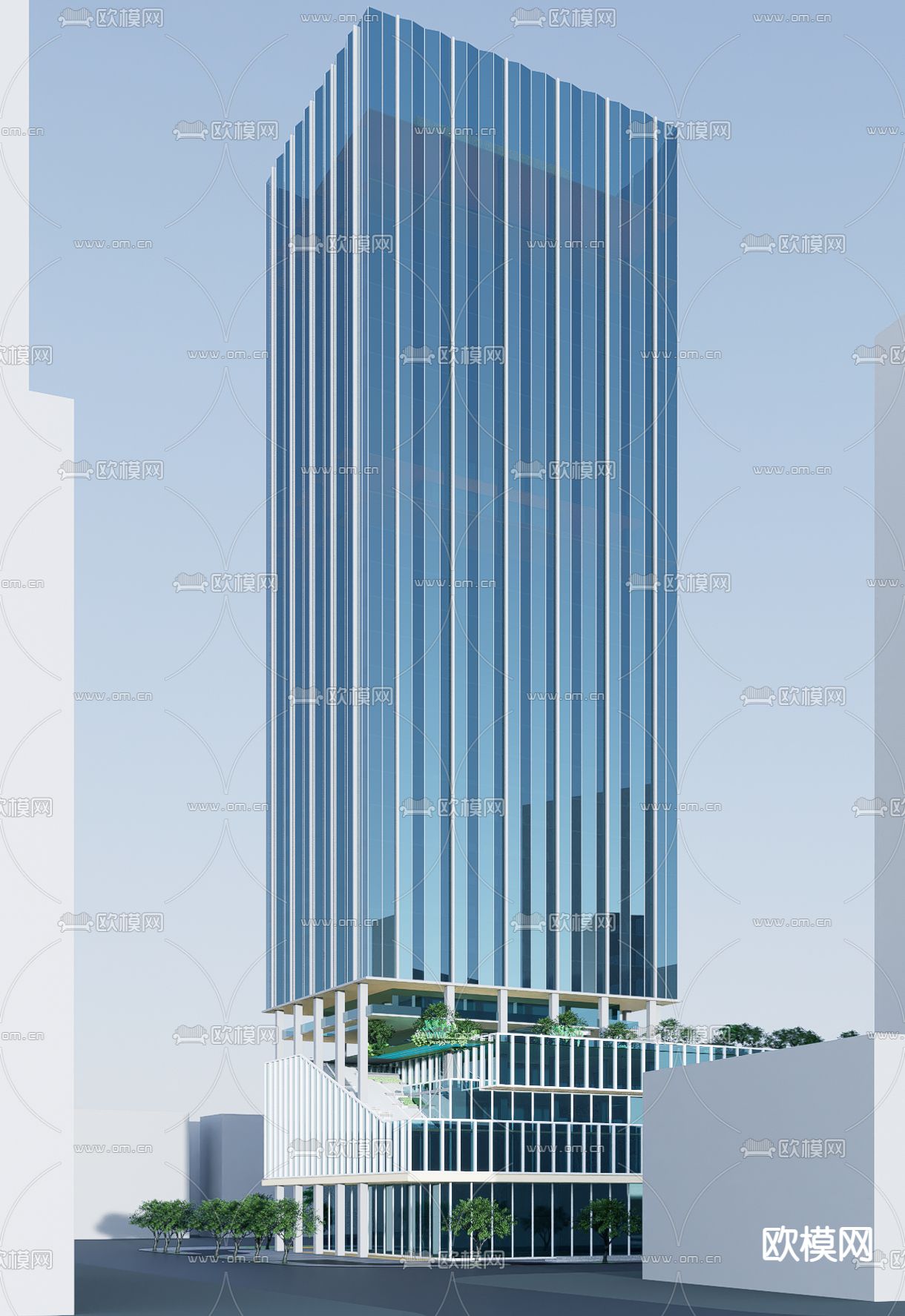 现代办公楼外观su模型下载（渲染图1）