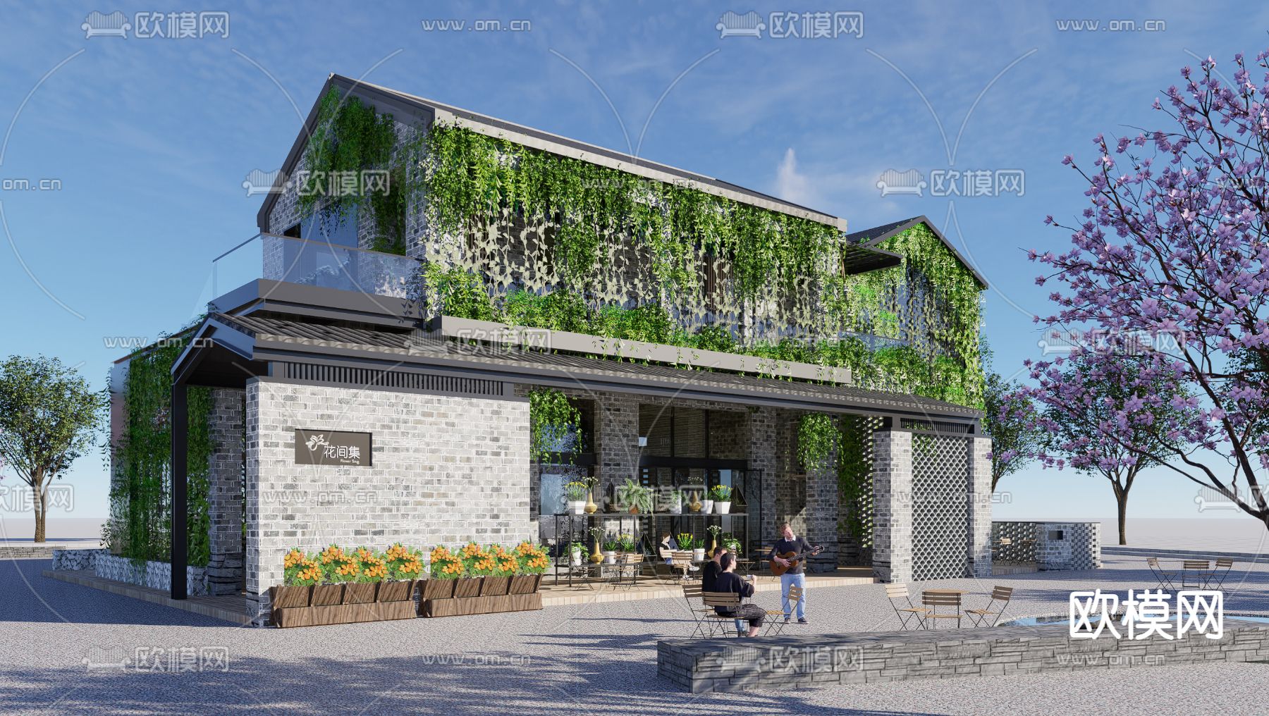 中式商业建筑外观su模型下载（渲染图2）