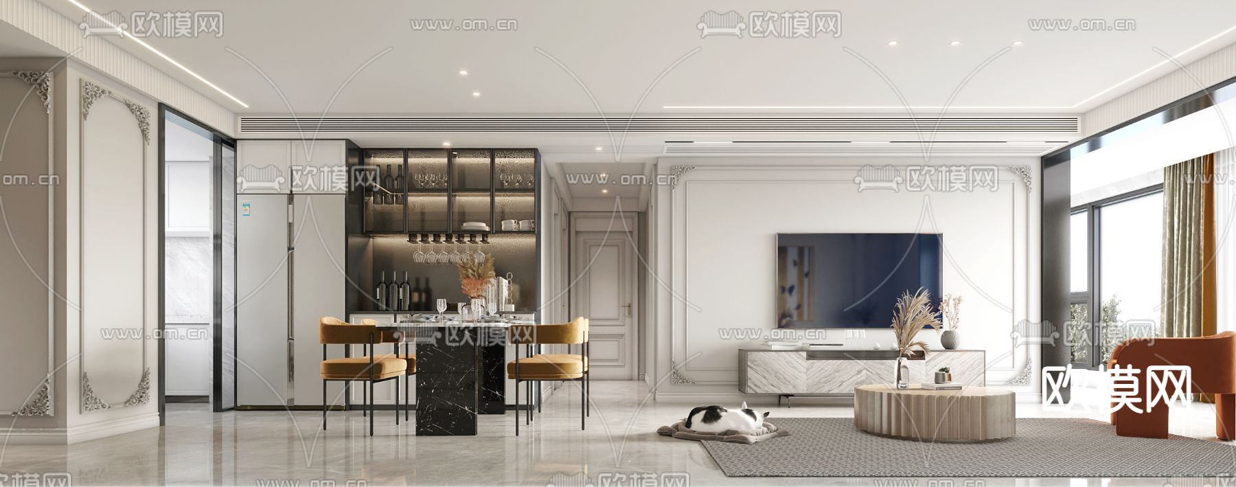 法式客厅 餐厅3d模型下载（渲染图3）