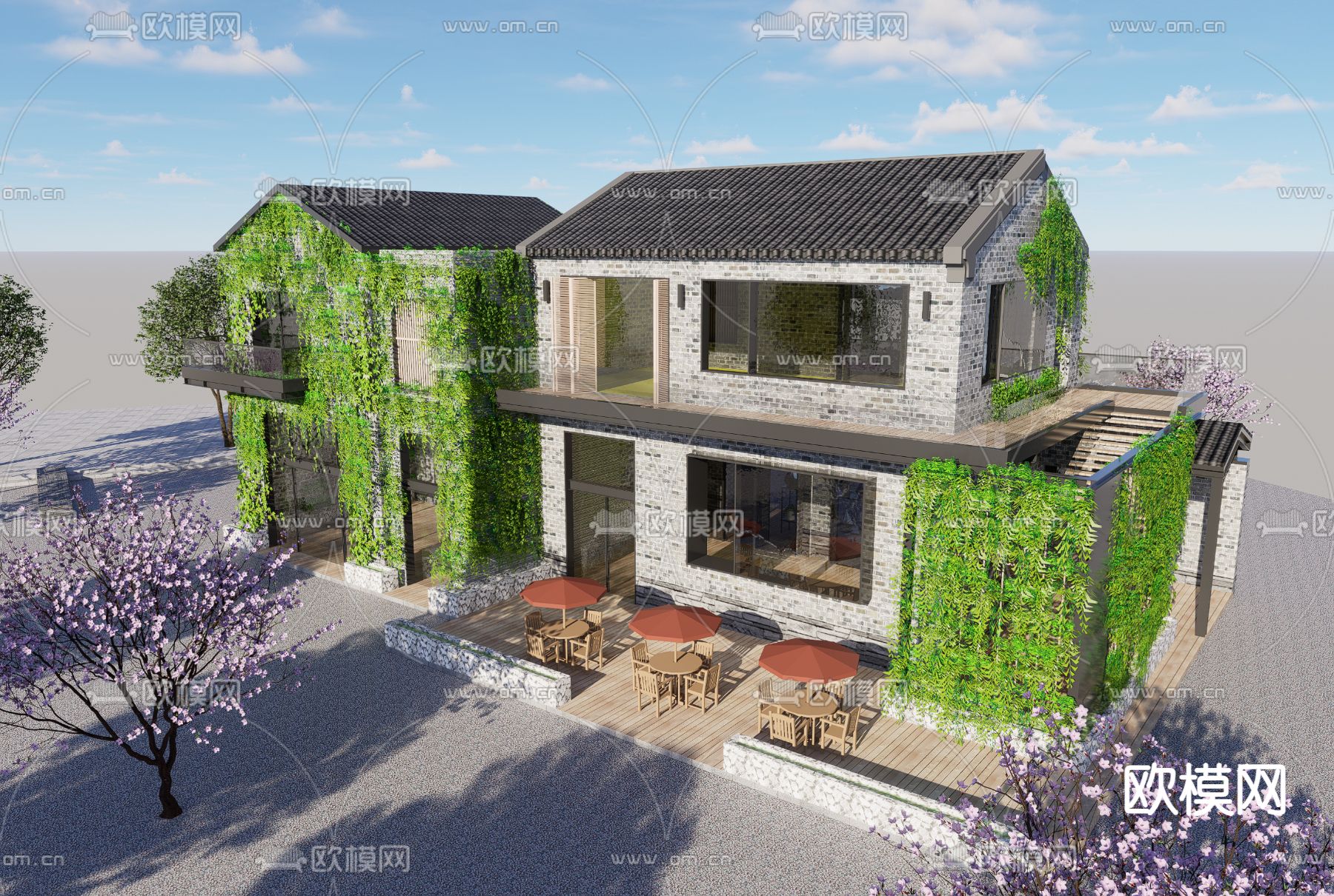 中式商业建筑外观su模型下载（渲染图4）