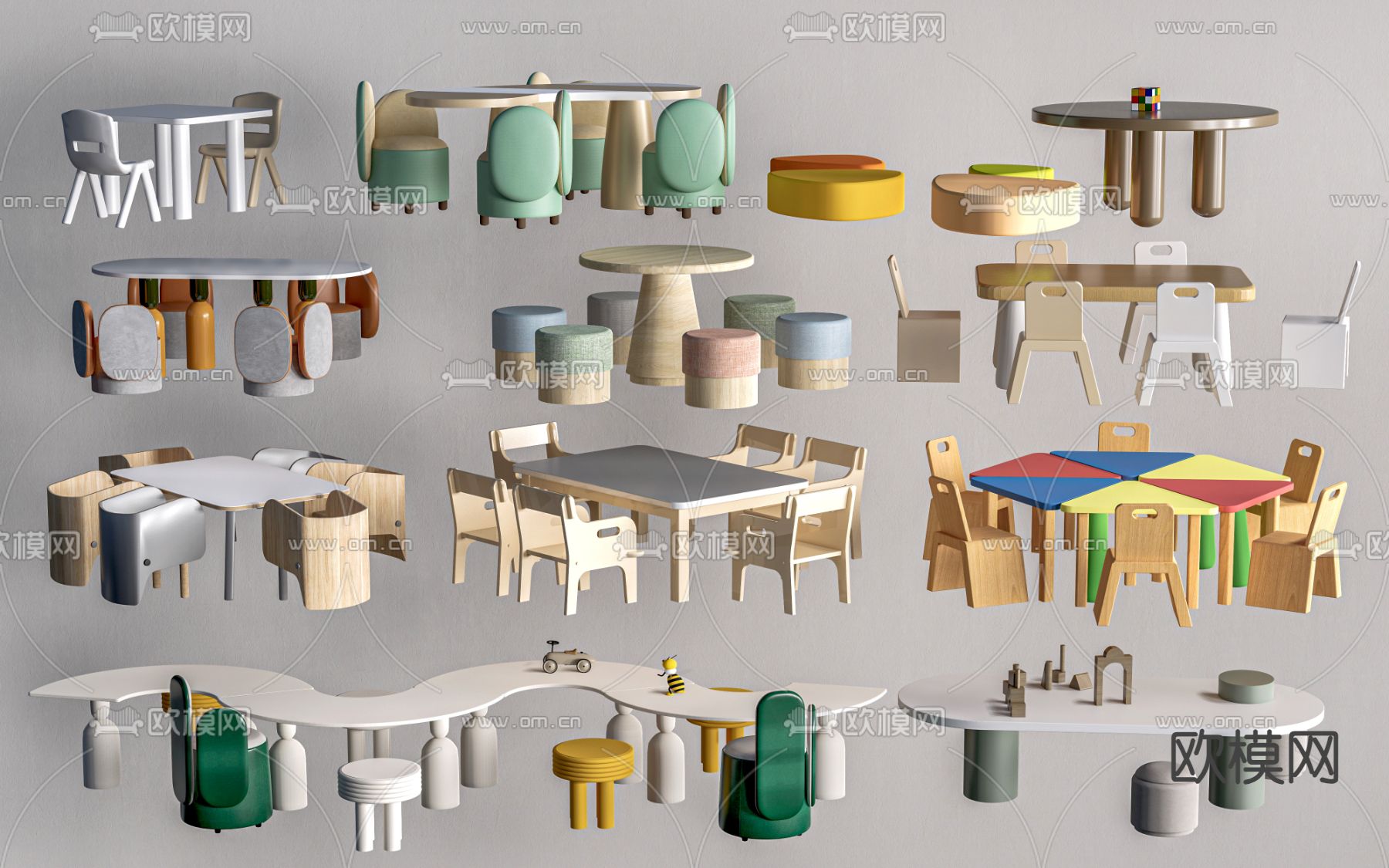 现代儿童桌椅su模型下载（渲染图1）