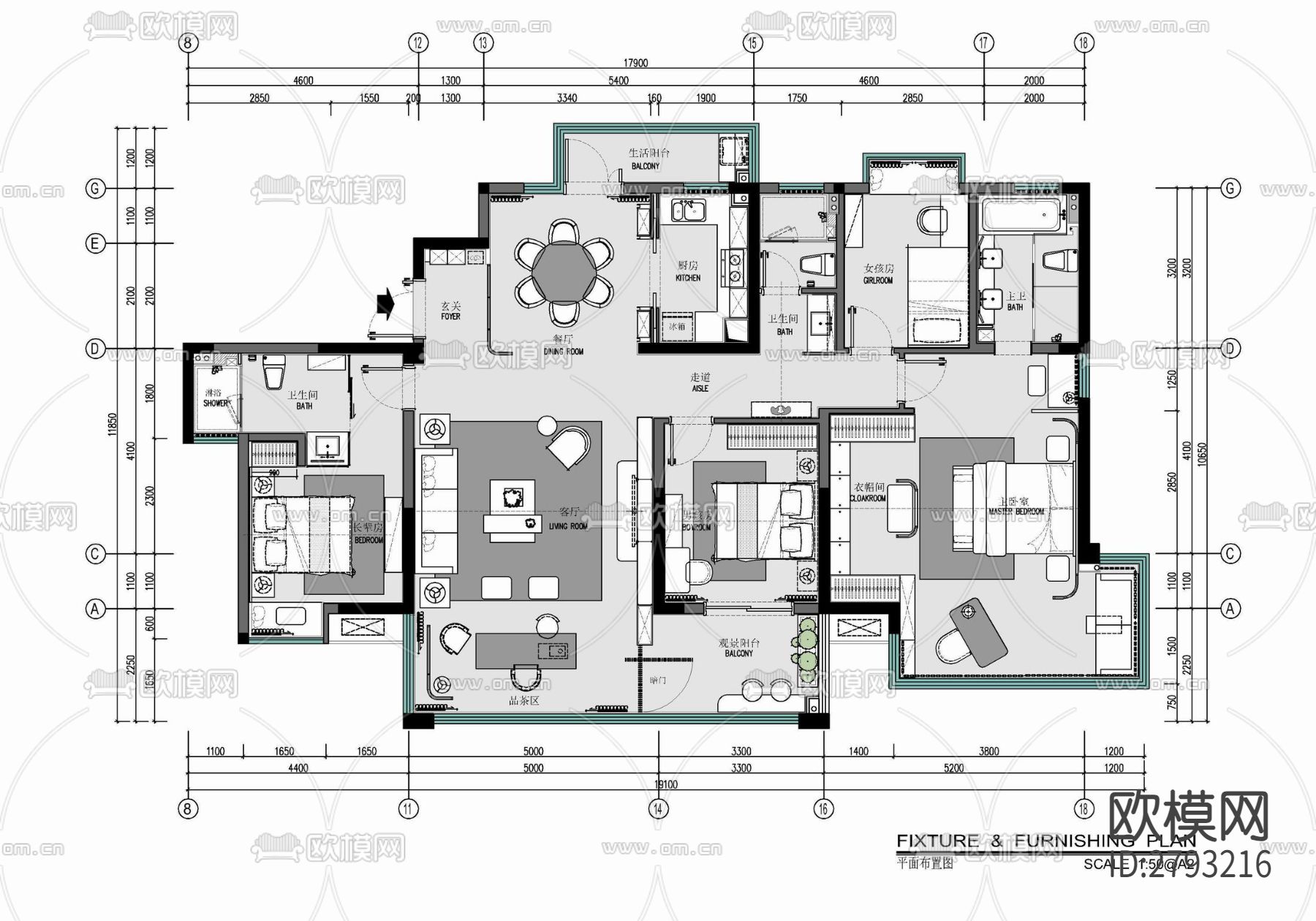 175㎡新中式大平层室内CAD施工图下载（渲染图1）