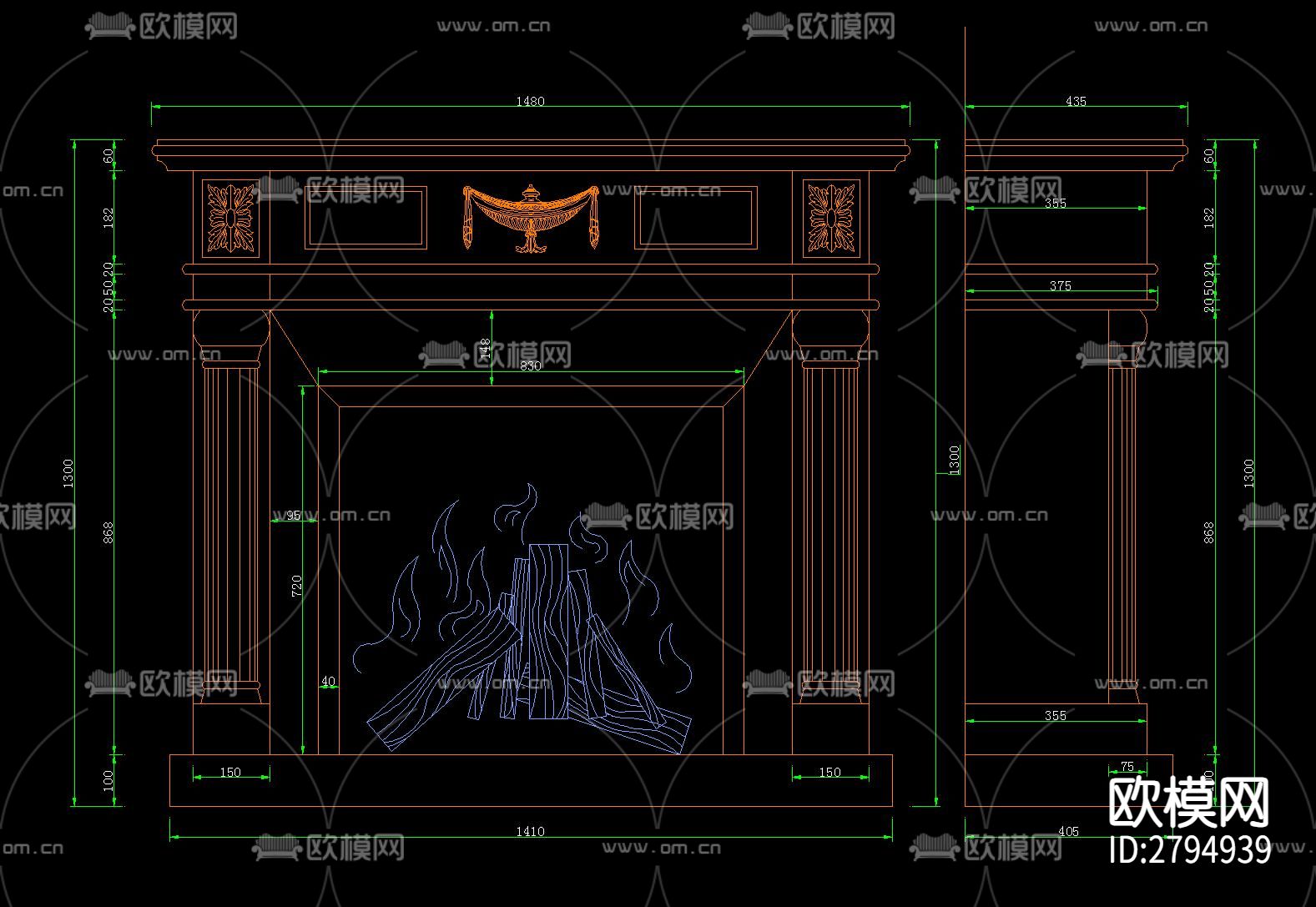 整木固装欧式壁炉设计cad大样图下载（渲染图9）