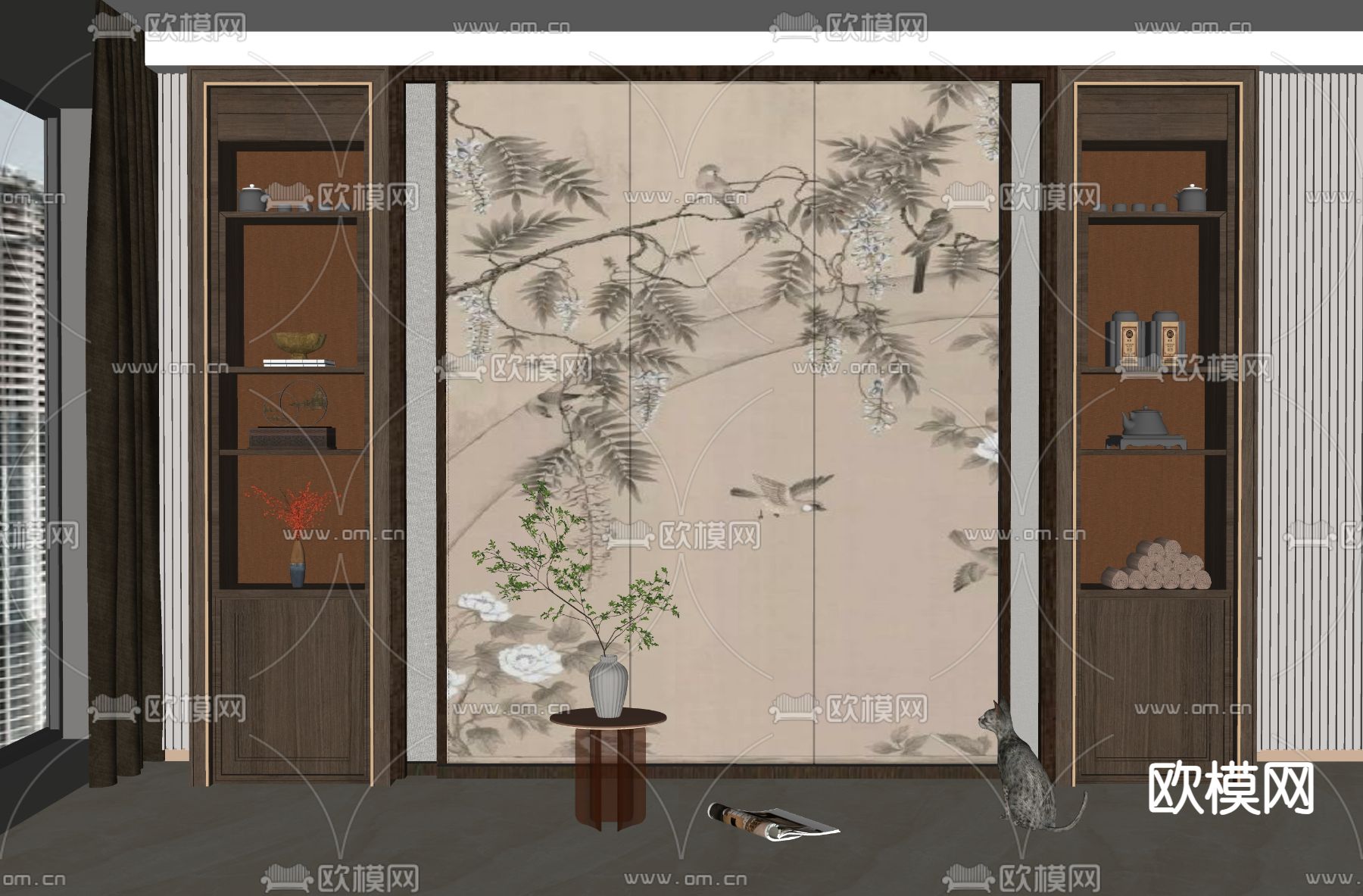 新中式装饰柜su模型下载（渲染图2）