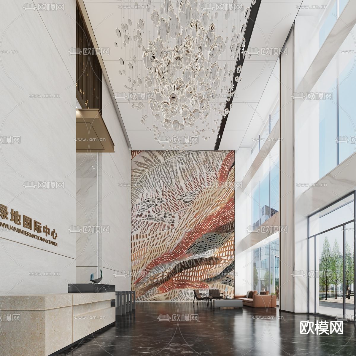 轻奢办公大堂su模型下载（渲染图1）