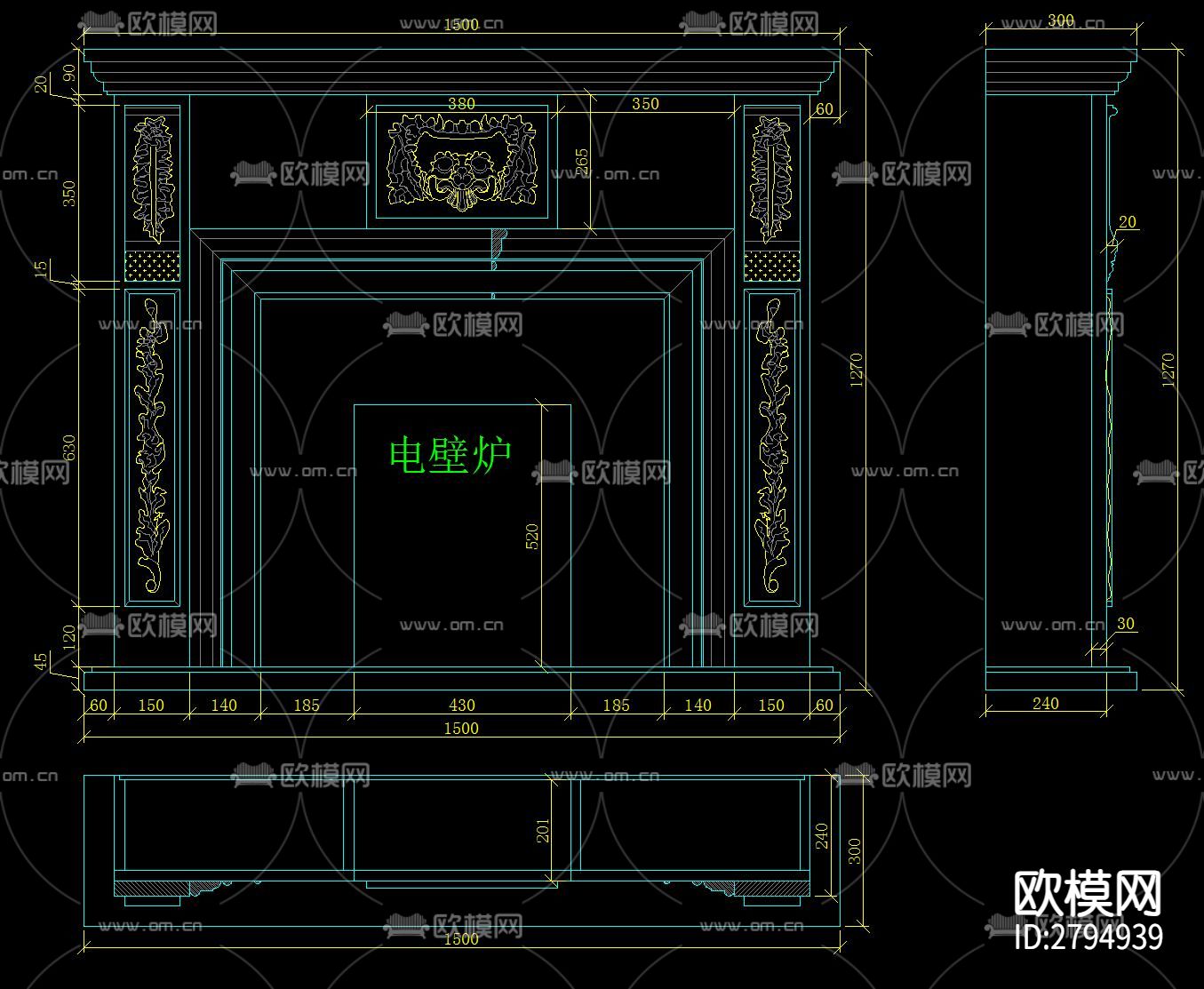 整木固装欧式壁炉设计cad大样图下载（渲染图8）