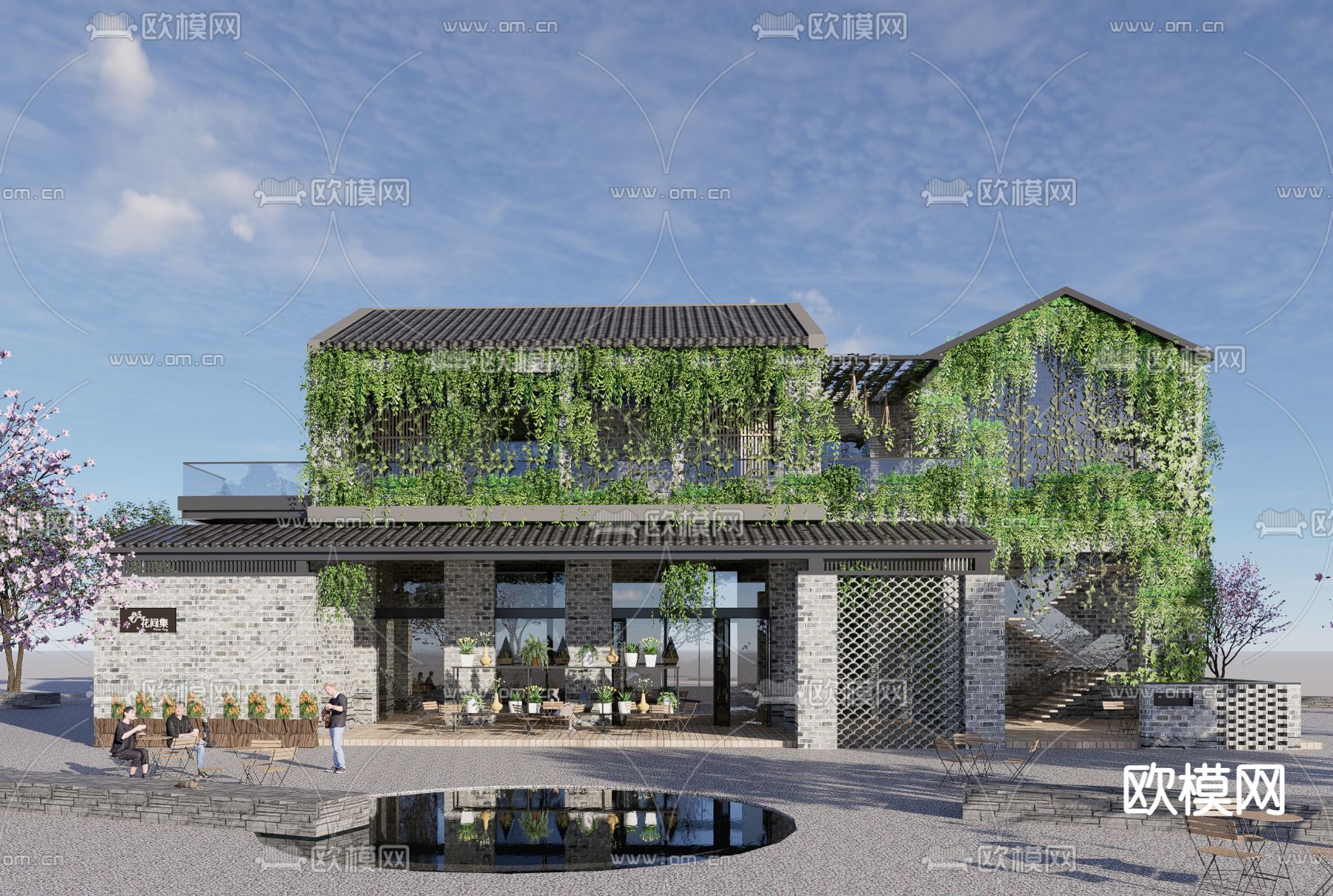 中式商业建筑外观su模型下载（渲染图1）