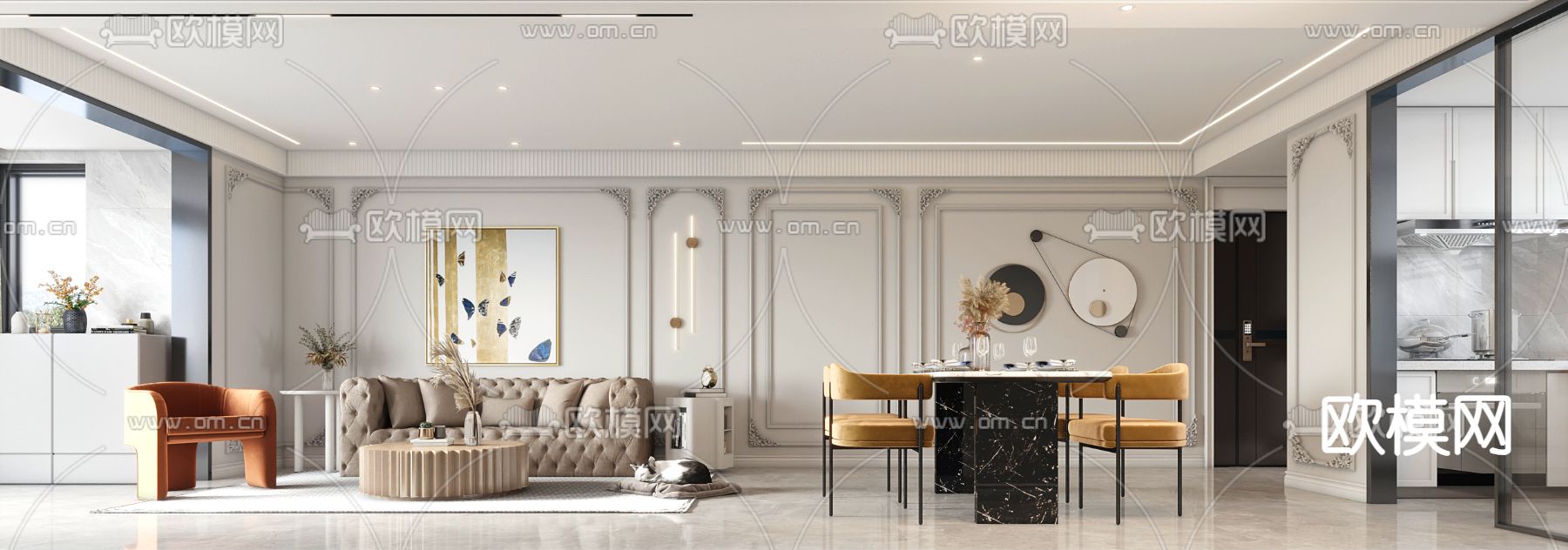 法式客厅 餐厅3d模型下载（渲染图2）