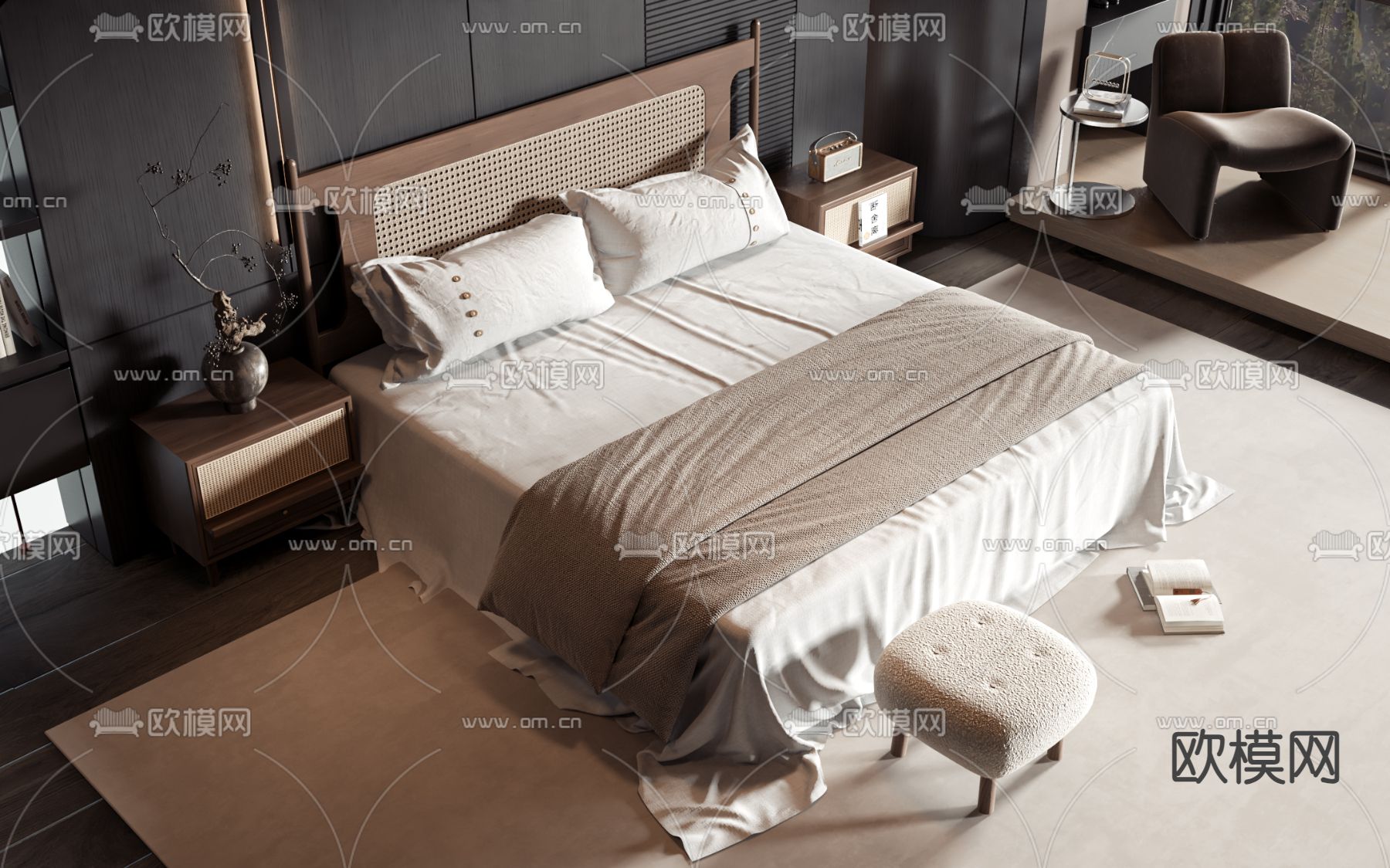 侘寂风双人床3d模型下载