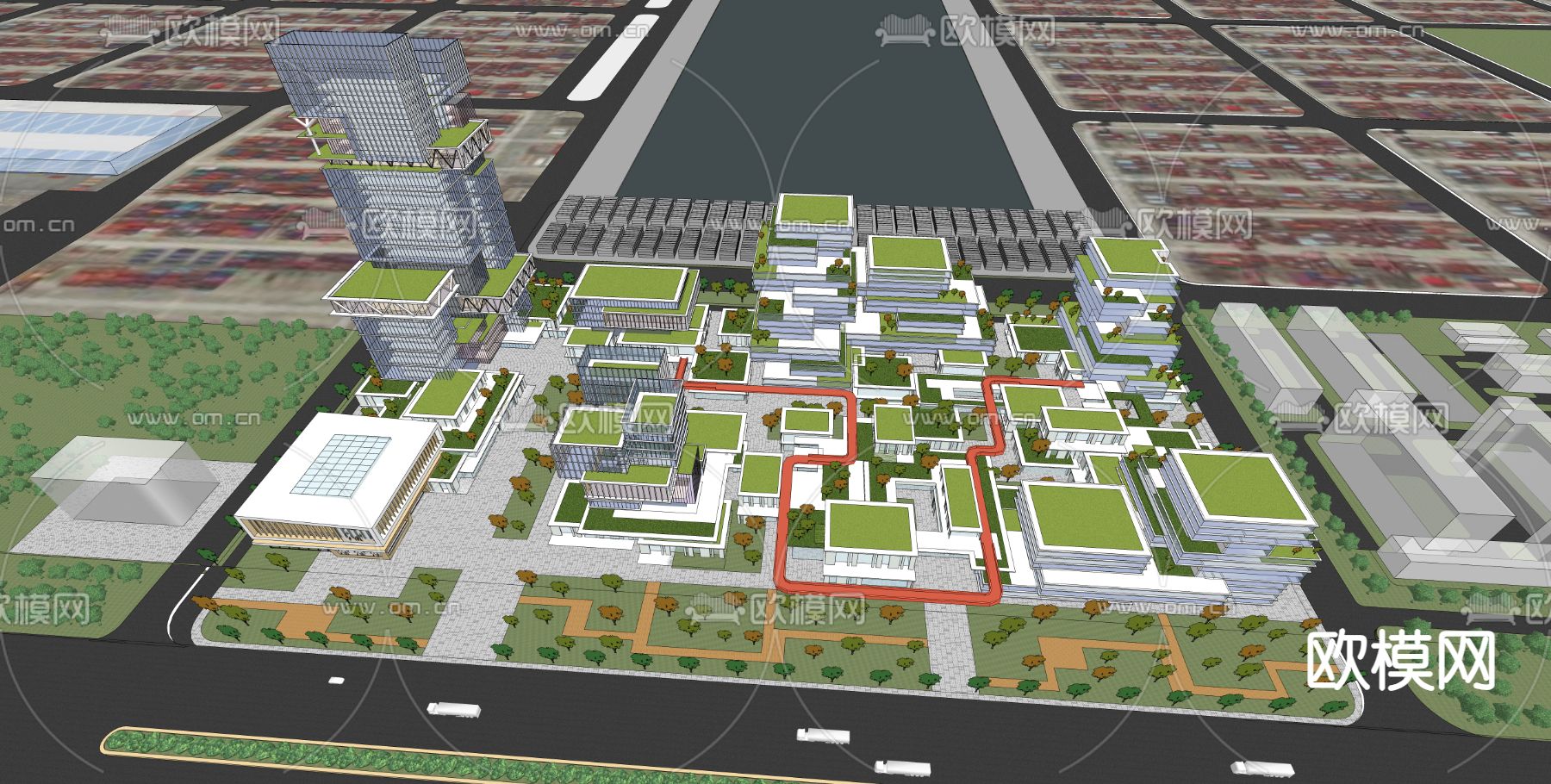 现代科技产业园鸟瞰su模型下载（渲染图2）