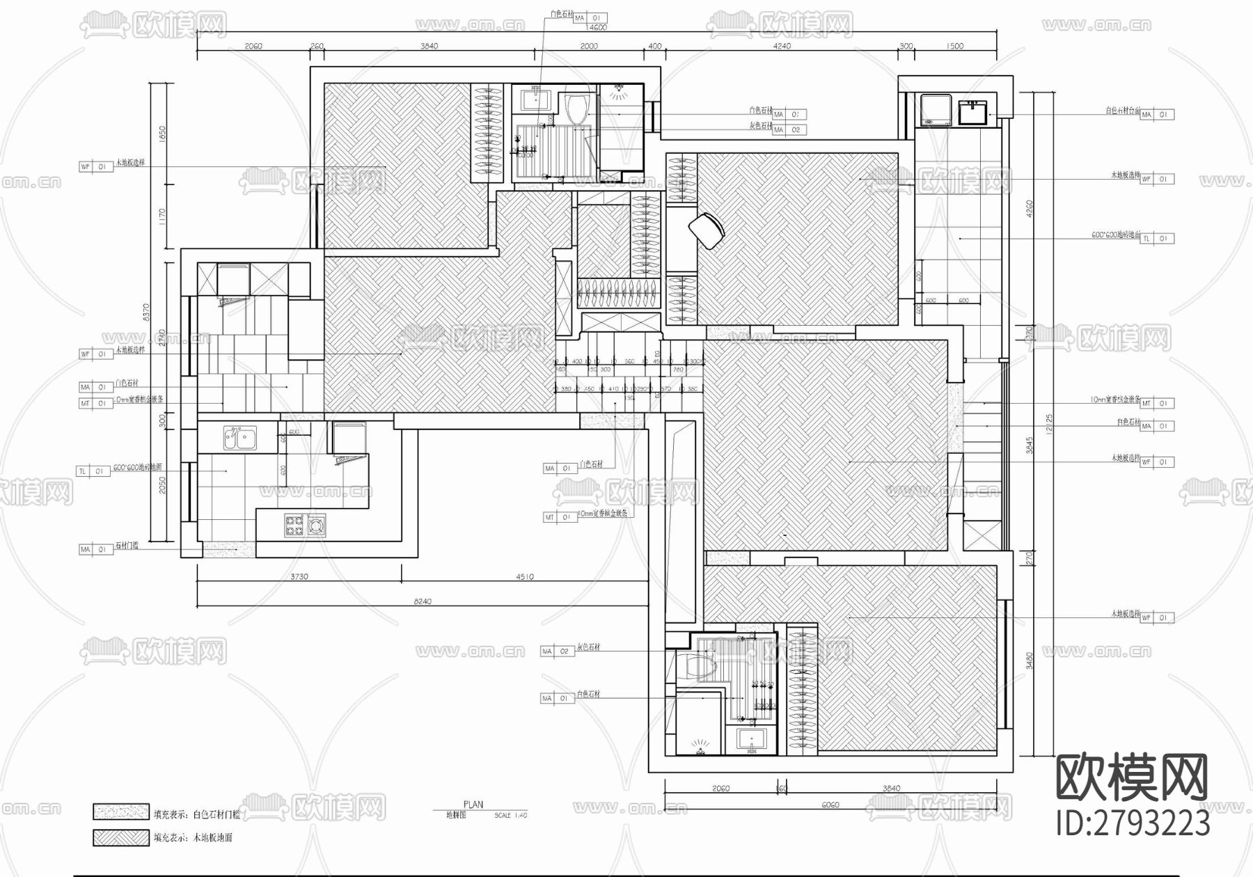 138㎡三居室家装平层室内CAD施工图下载（渲染图2）