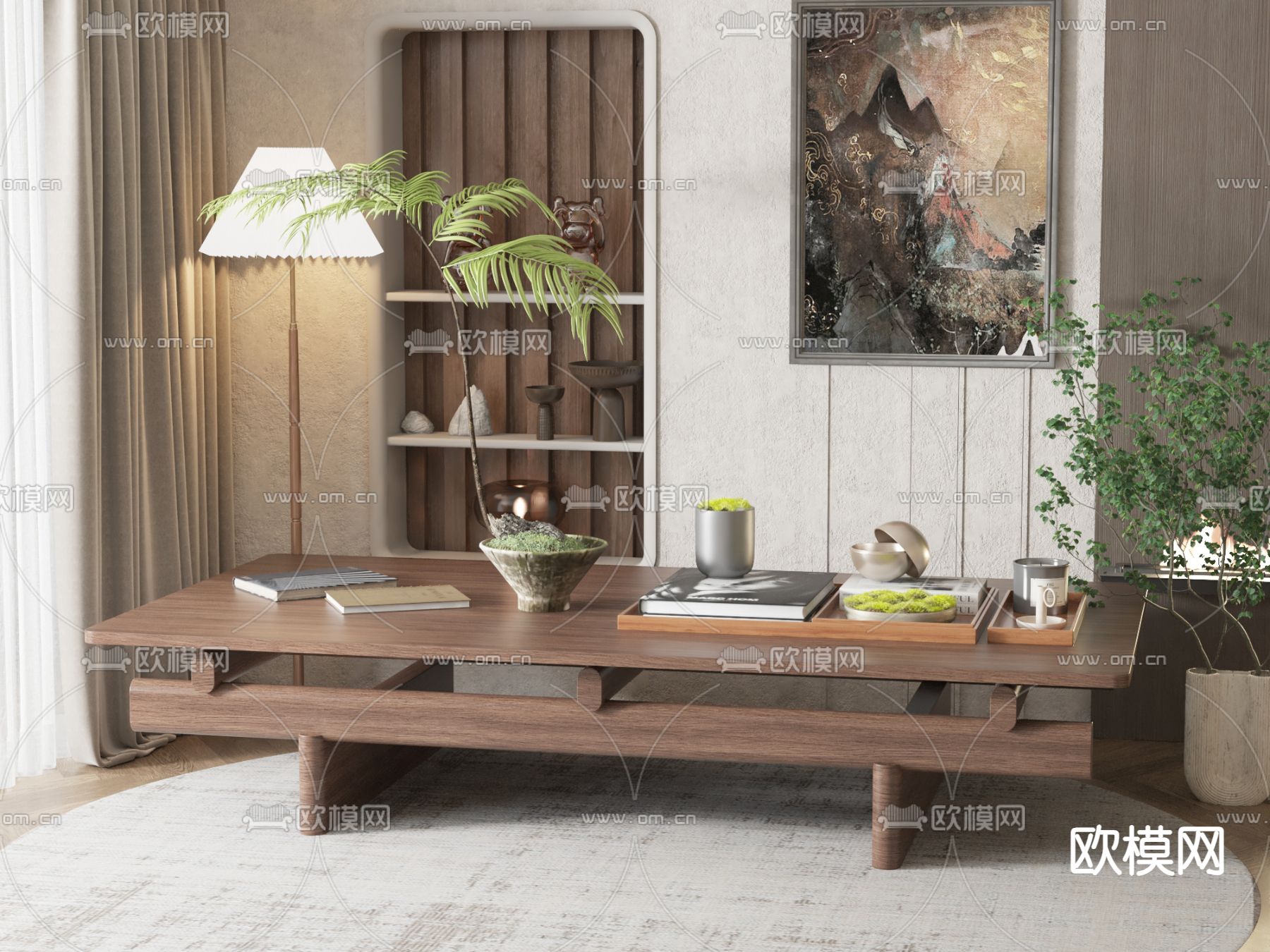 新中式茶几su模型下载（渲染图1）