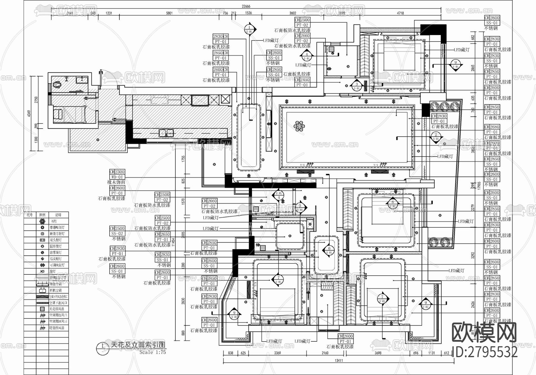 230㎡家装大平层室内cad施工图下载（渲染图3）