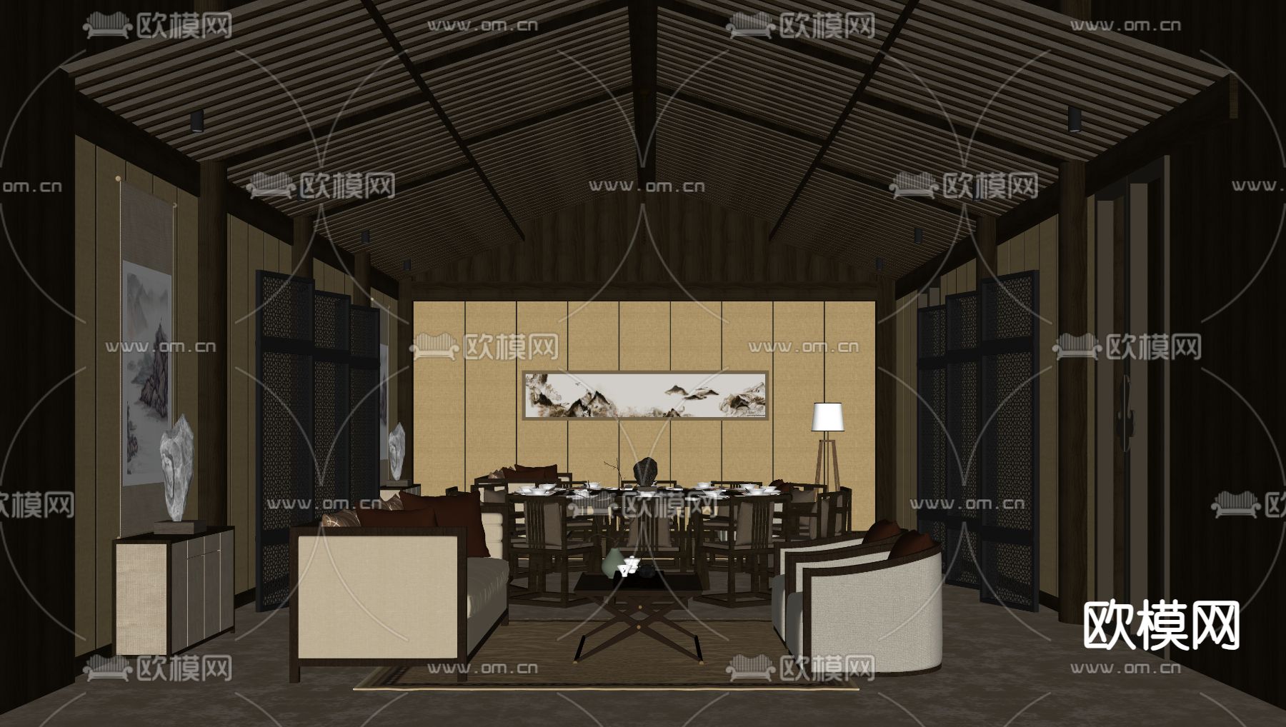 新中式餐厅包房su模型下载（渲染图2）