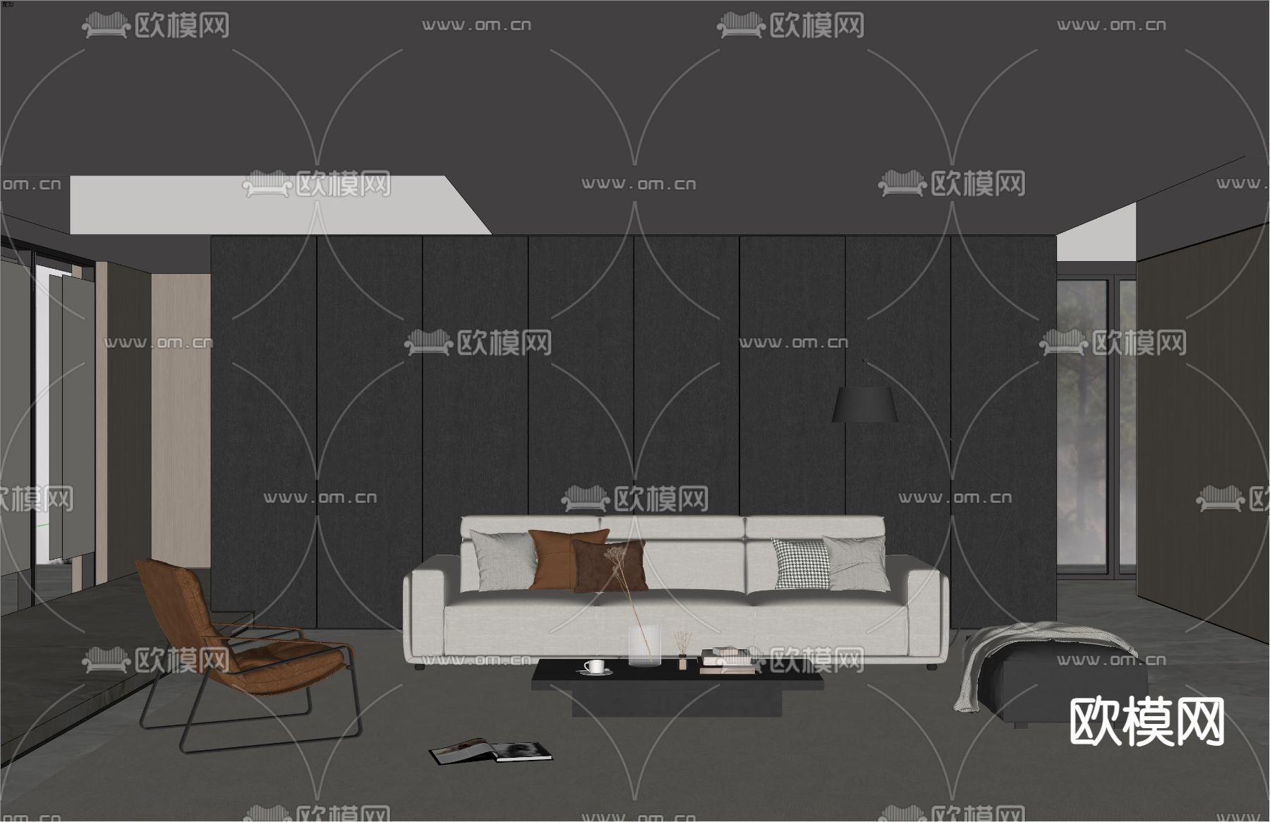 高级灰客厅su模型下载（渲染图4）