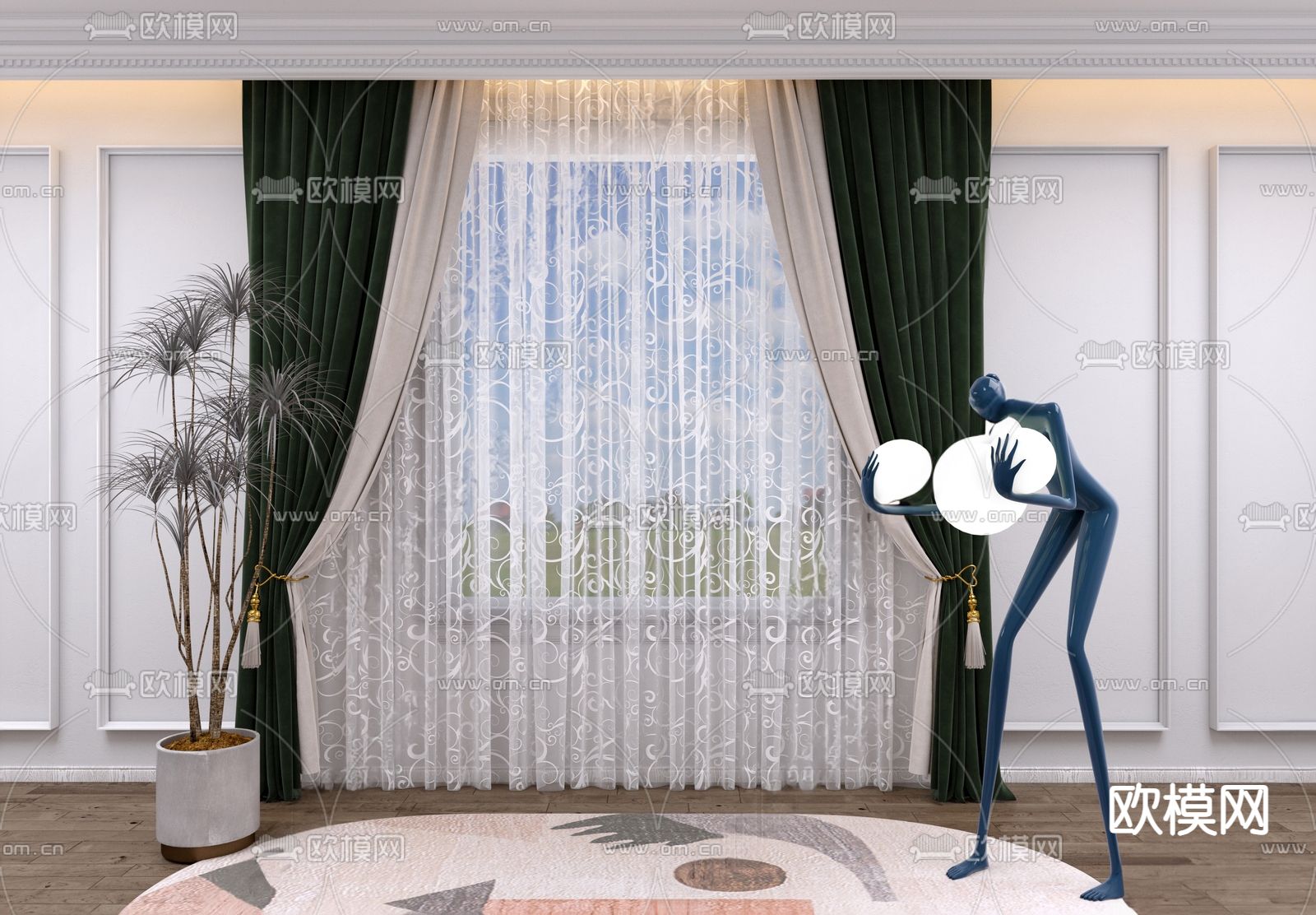 法式布艺窗帘su模型下载（渲染图1）