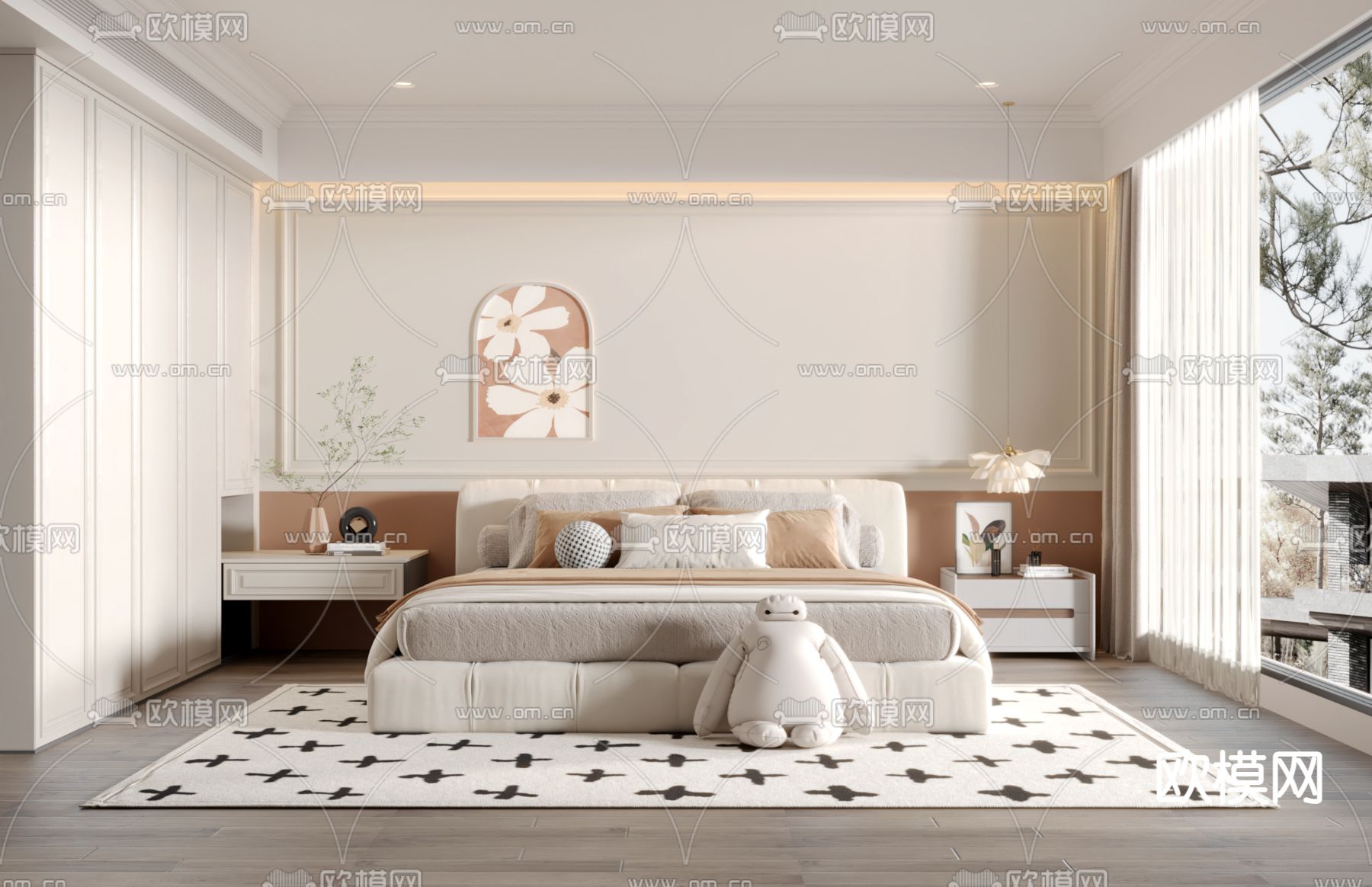 奶油风卧室su模型下载（渲染图1）