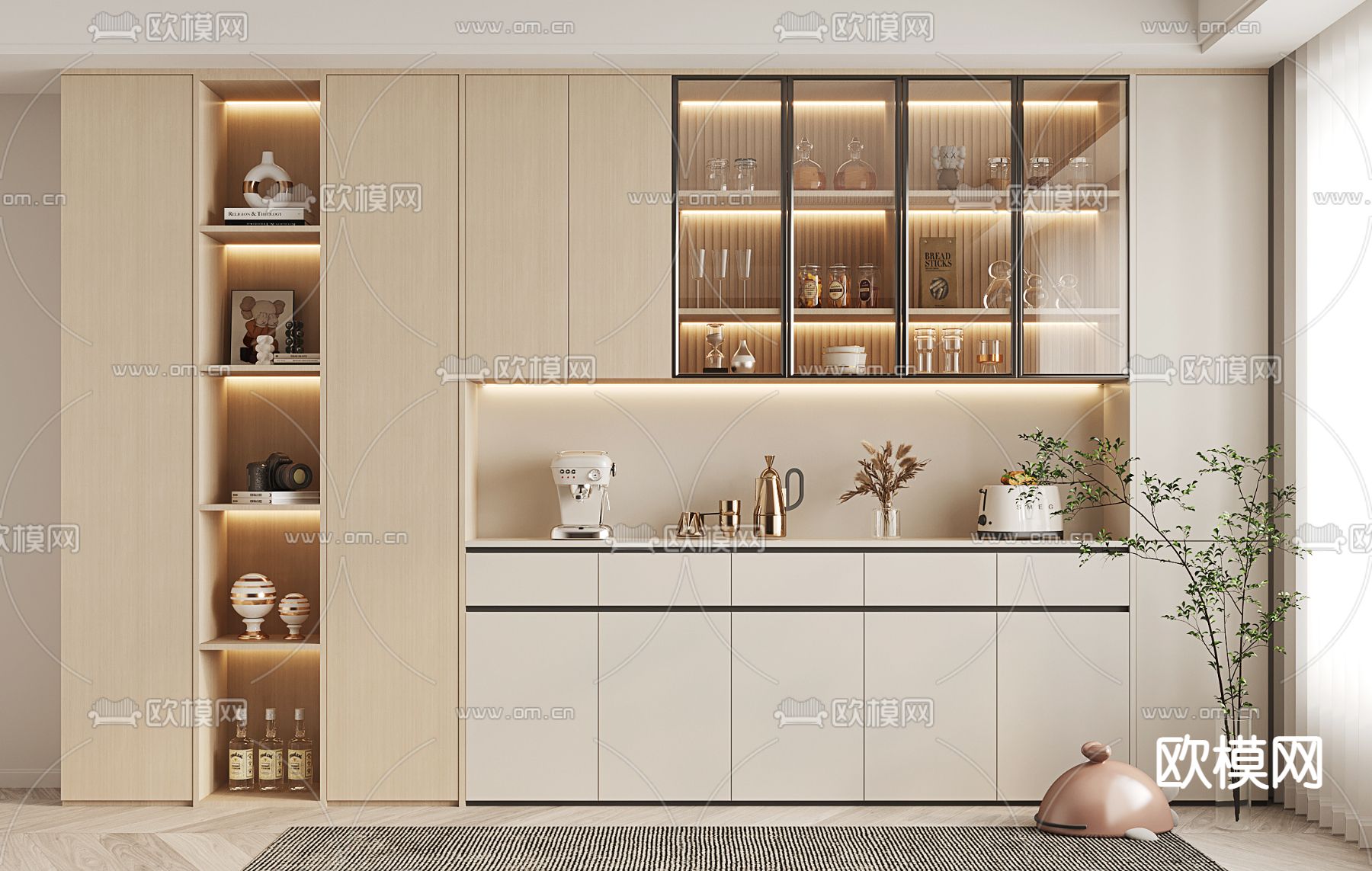 奶油风酒柜3d模型下载