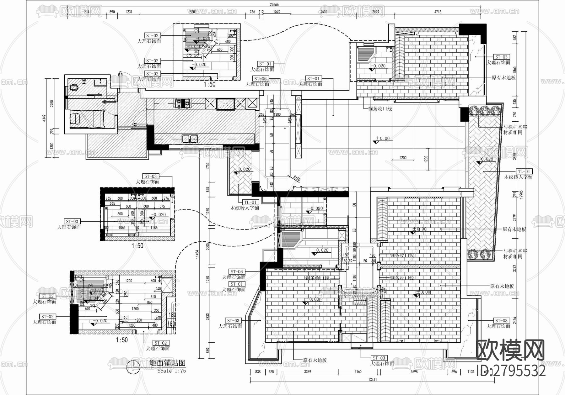 230㎡家装大平层室内cad施工图下载（渲染图2）
