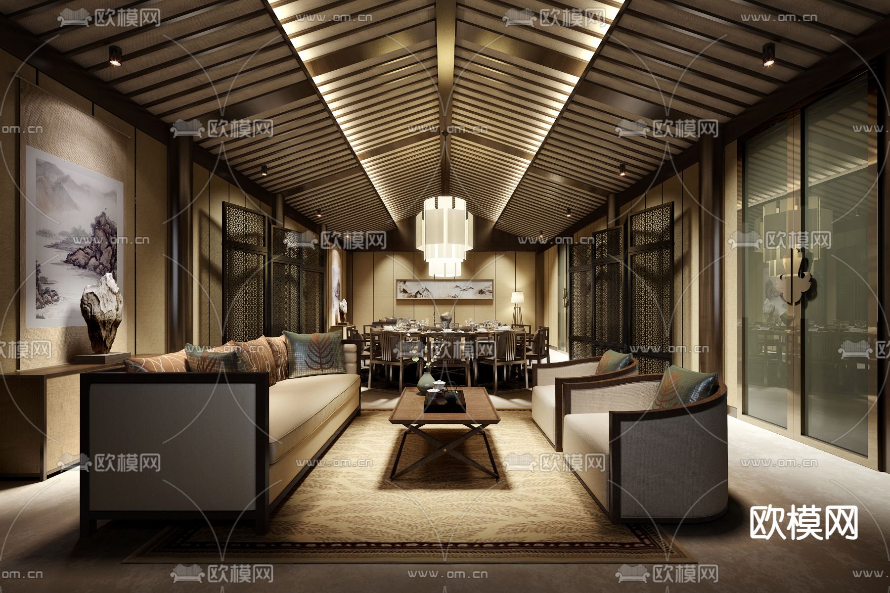 新中式餐厅包房su模型下载（渲染图1）