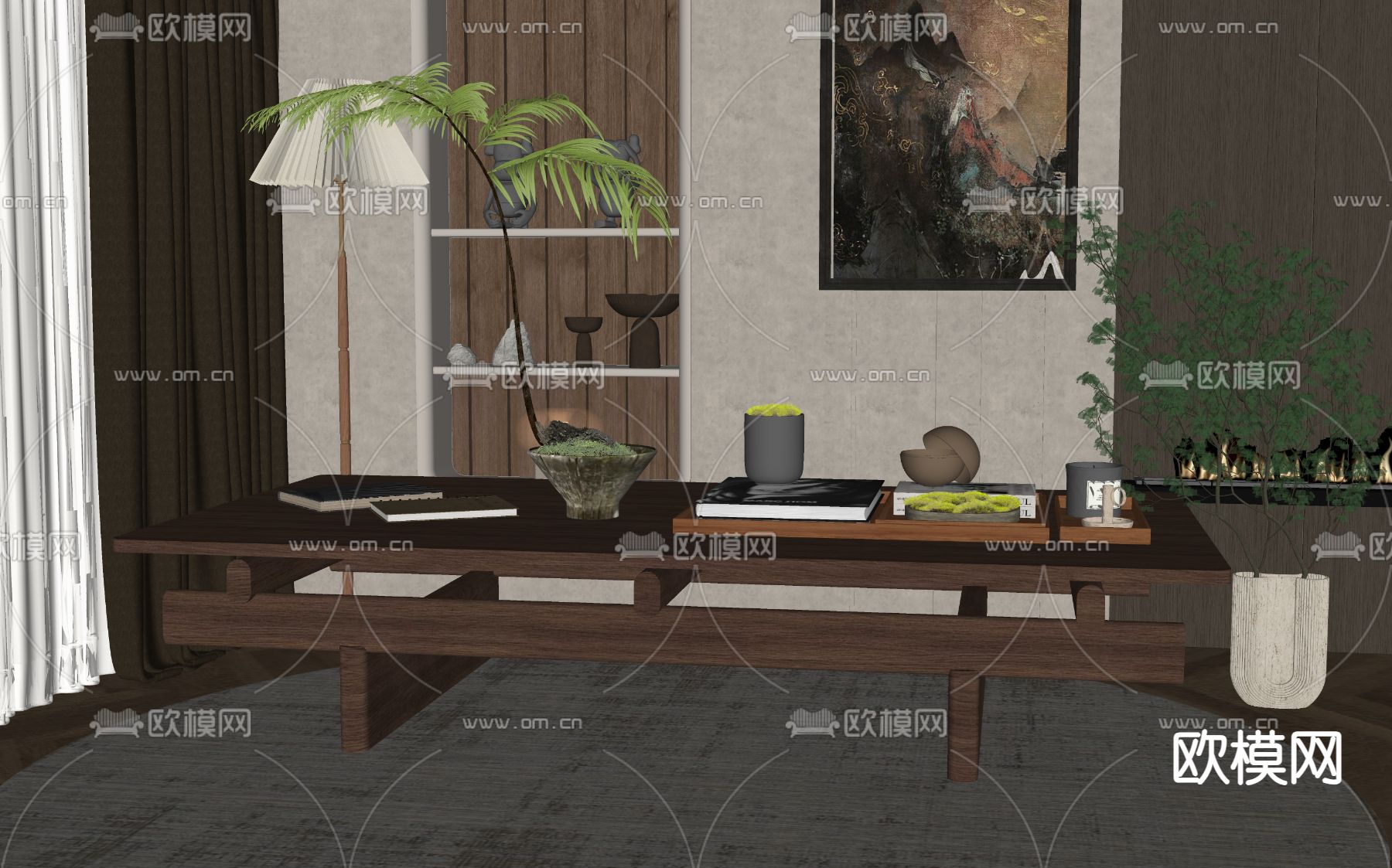 新中式茶几su模型下载（渲染图2）