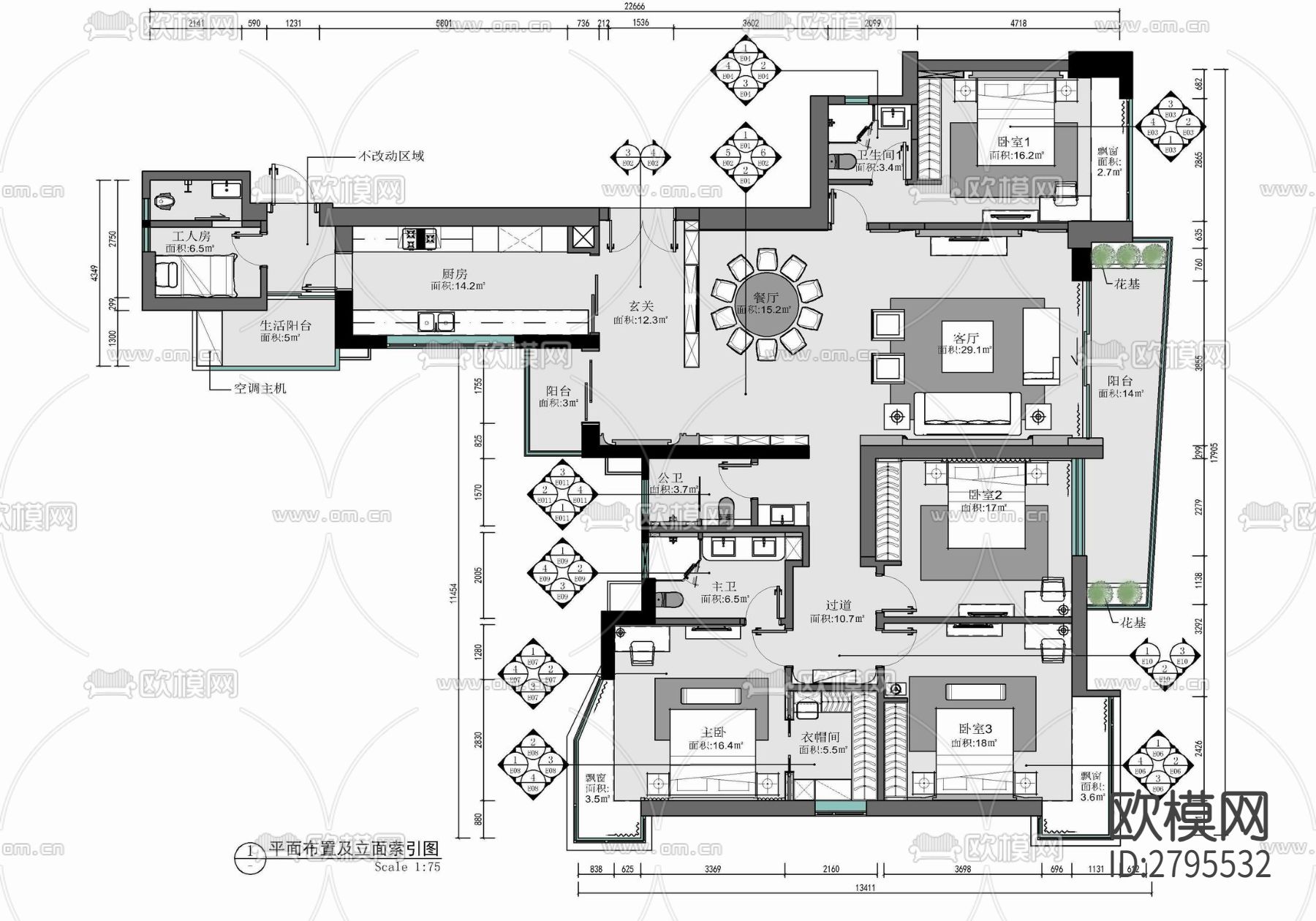 230㎡家装大平层室内cad施工图下载（渲染图1）