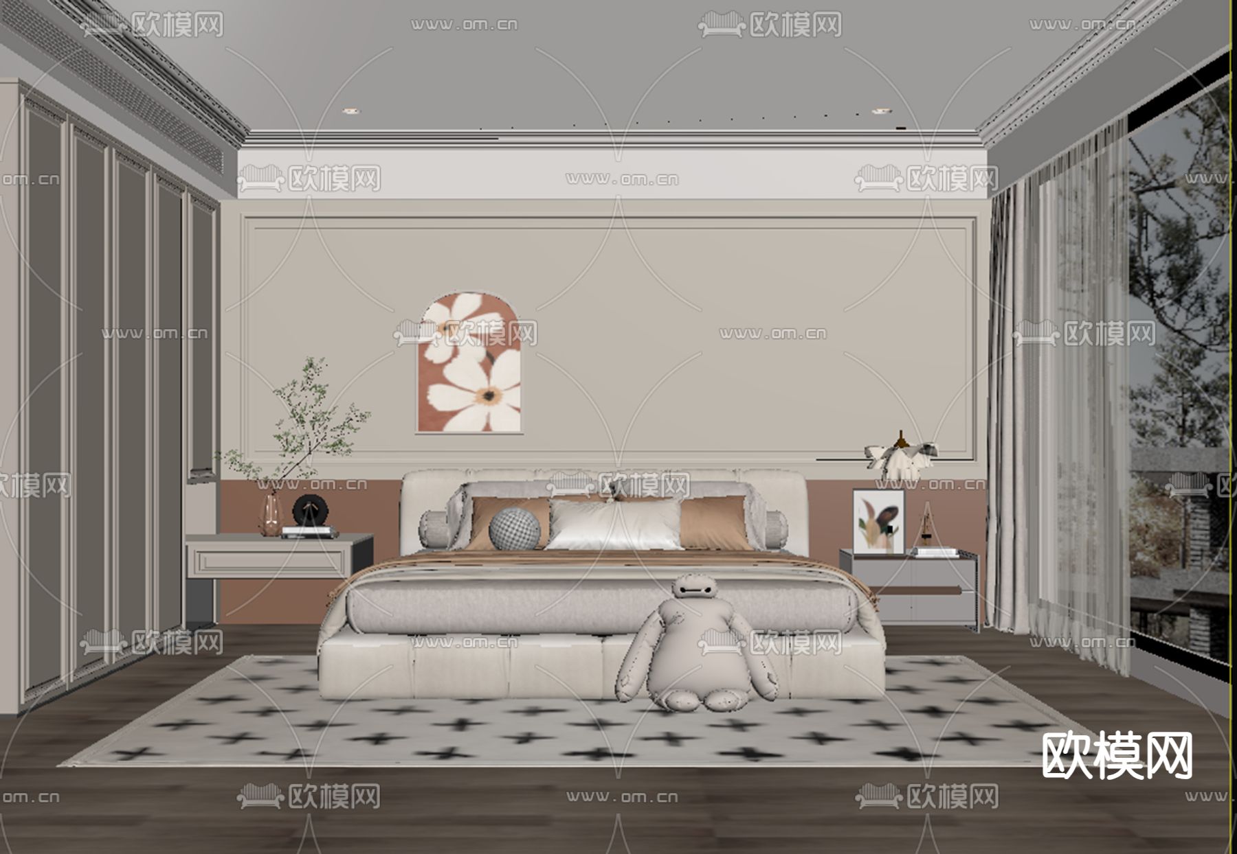 奶油风卧室su模型下载（渲染图2）