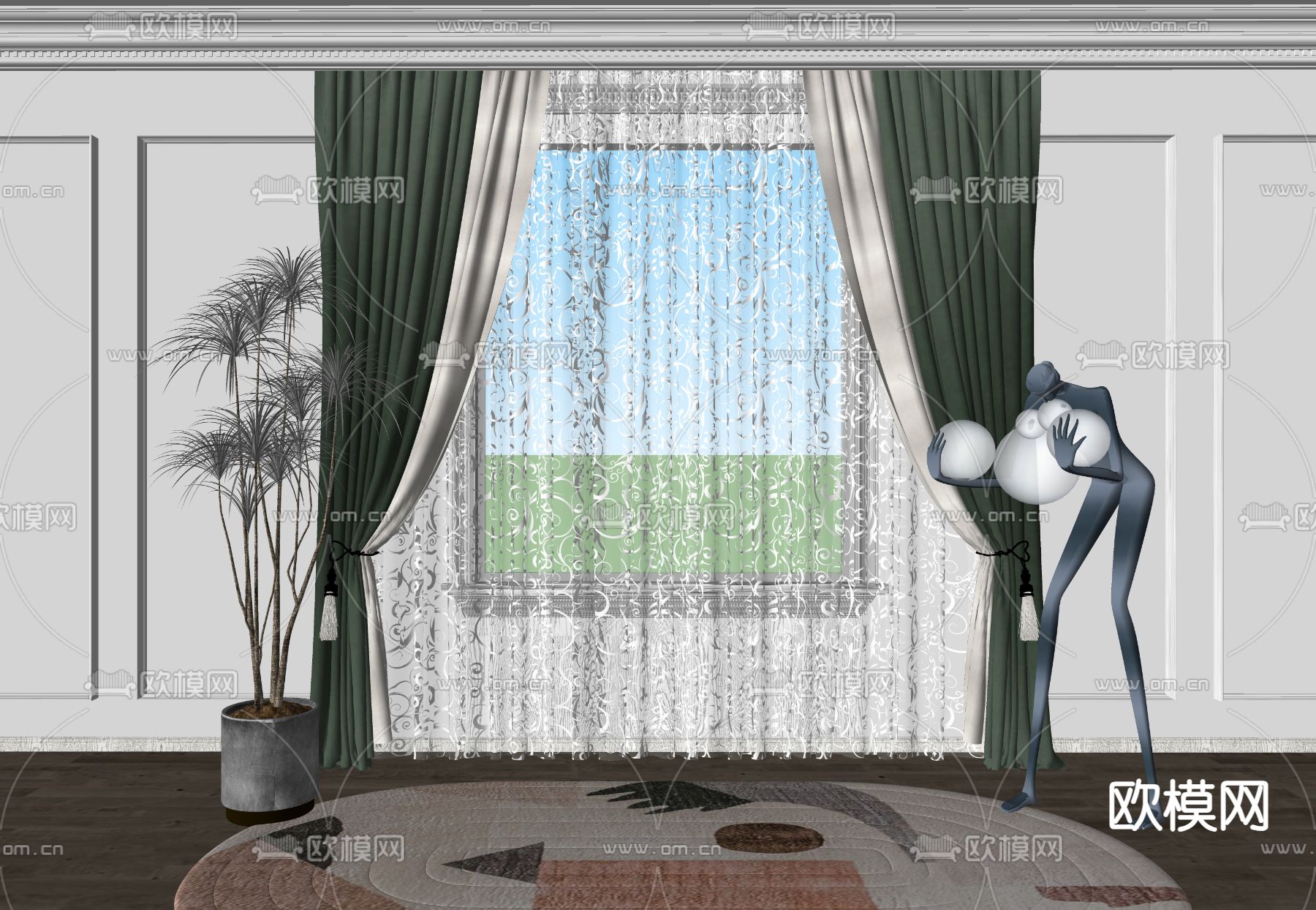 法式布艺窗帘su模型下载（渲染图2）