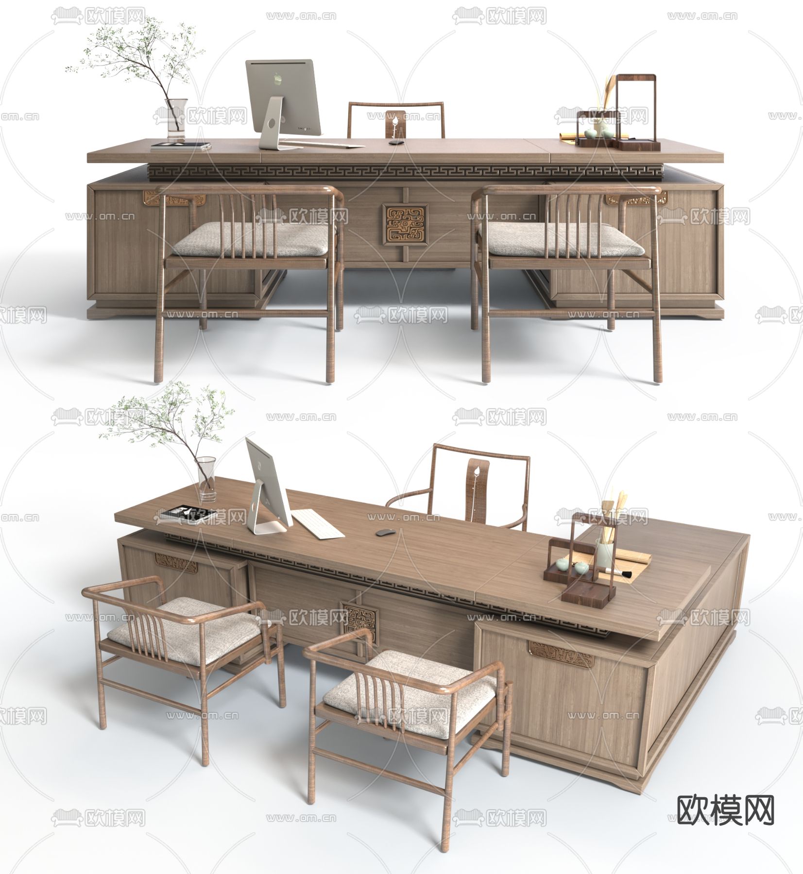 新中式班台桌 办公桌3d模型下载（渲染图1）