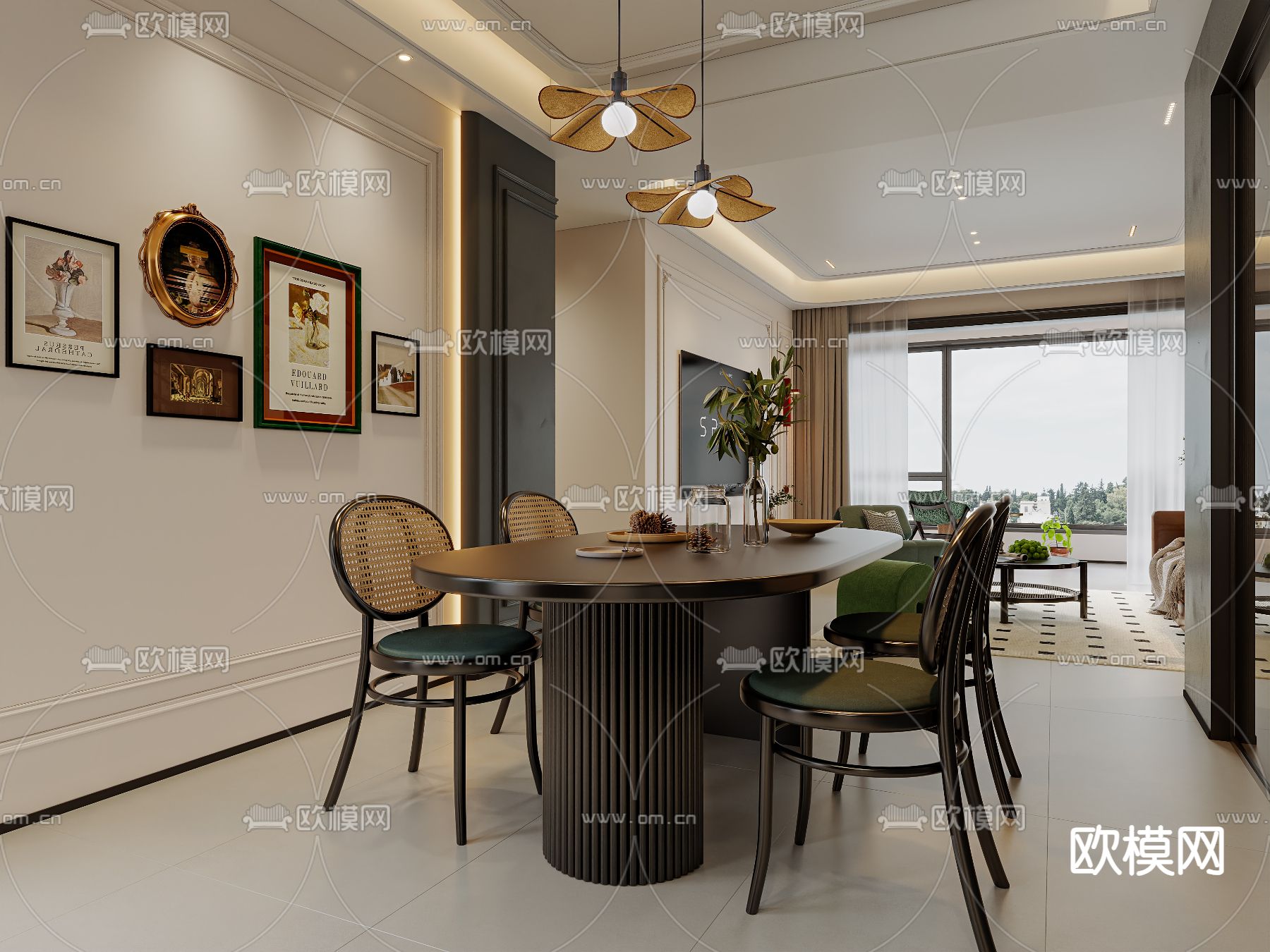 美式客厅 餐厅3d模型下载（渲染图2）