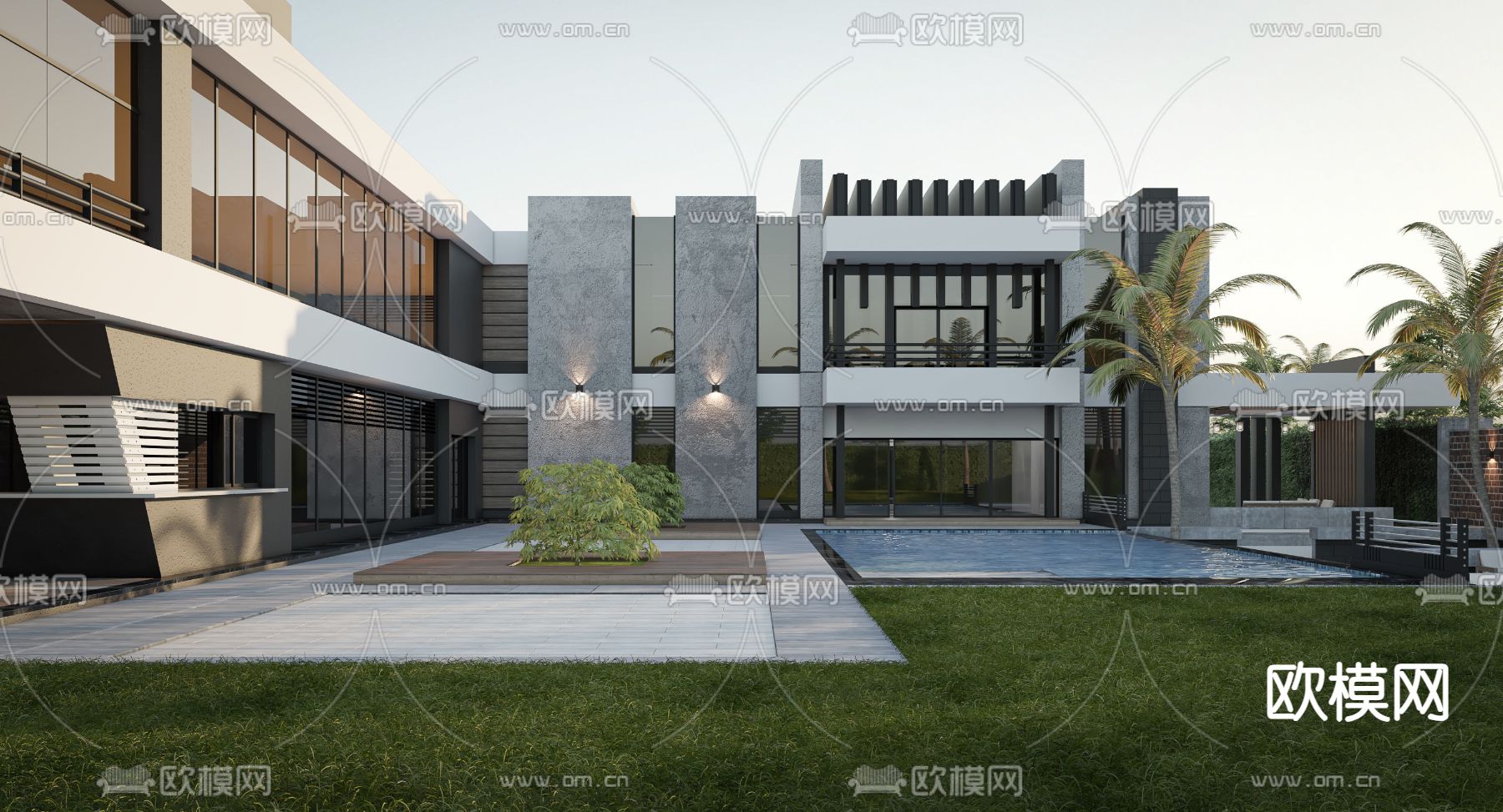 现代别墅外观3d模型下载（渲染图1）
