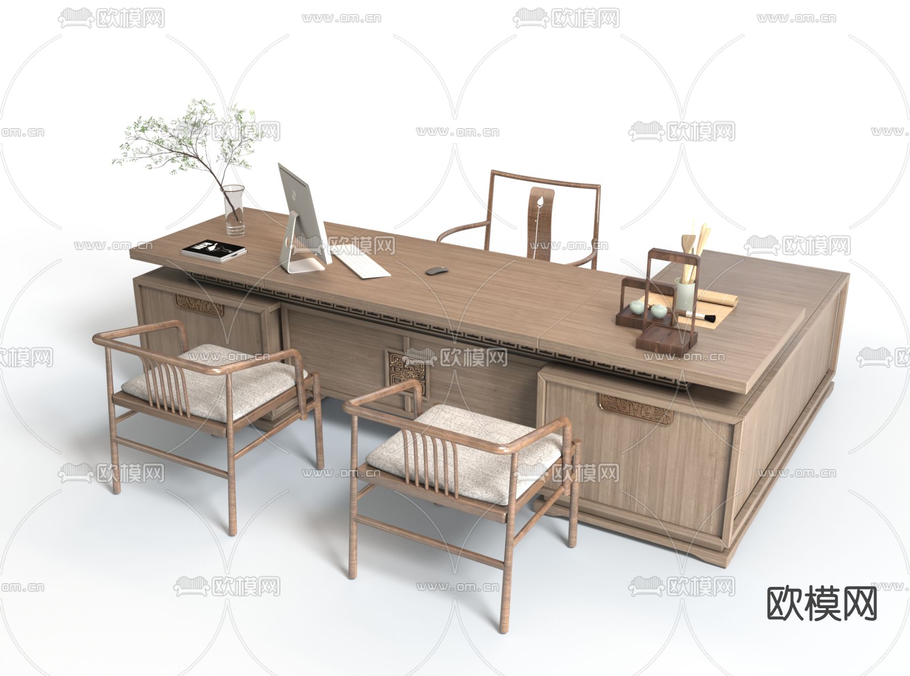 新中式班台桌 办公桌3d模型下载（渲染图2）