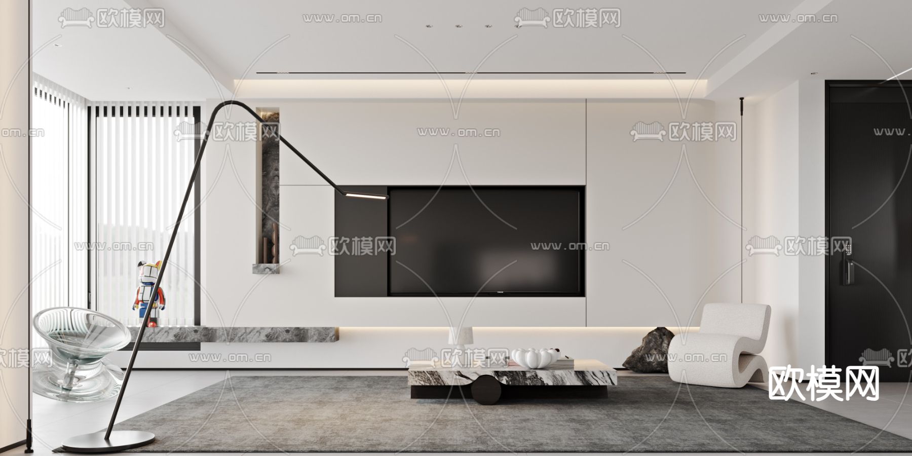 黑白灰客厅 餐厅3d模型下载（渲染图2）