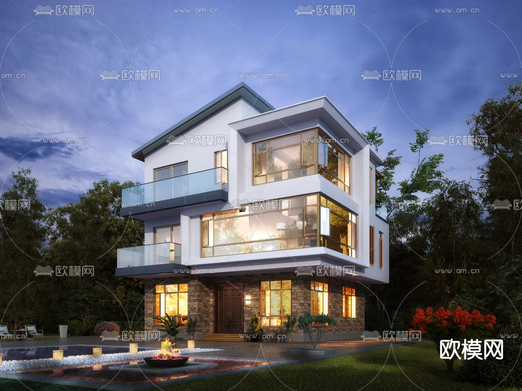 别墅外观 夜景3d模型下载_ID14231098_3dmax免费模型-欧模网