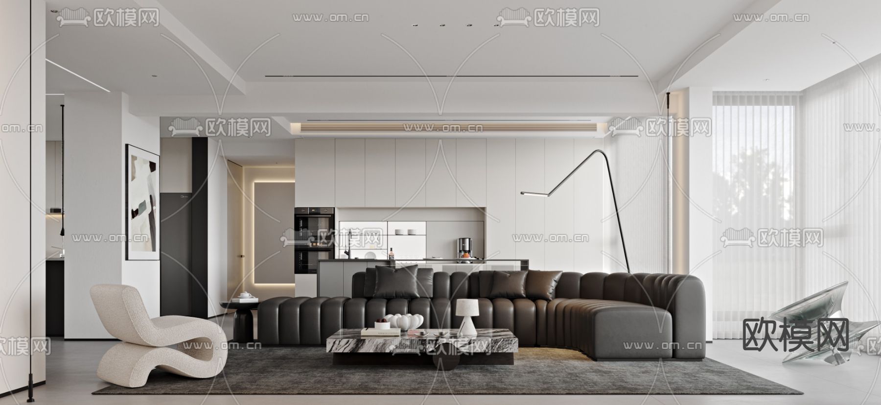 黑白灰客厅 餐厅3d模型下载（渲染图1）