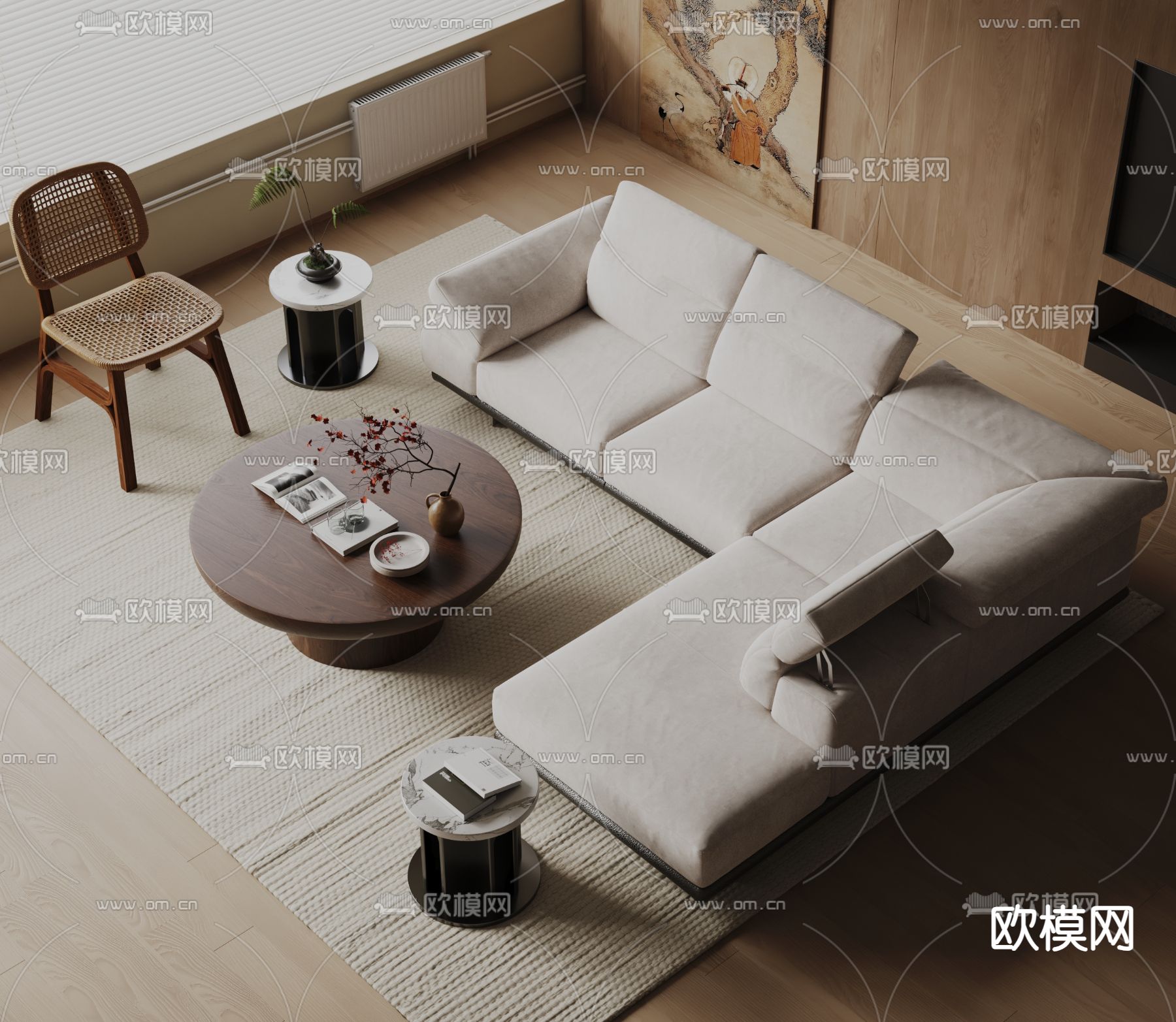 侘寂风组合沙发su模型下载（渲染图1）