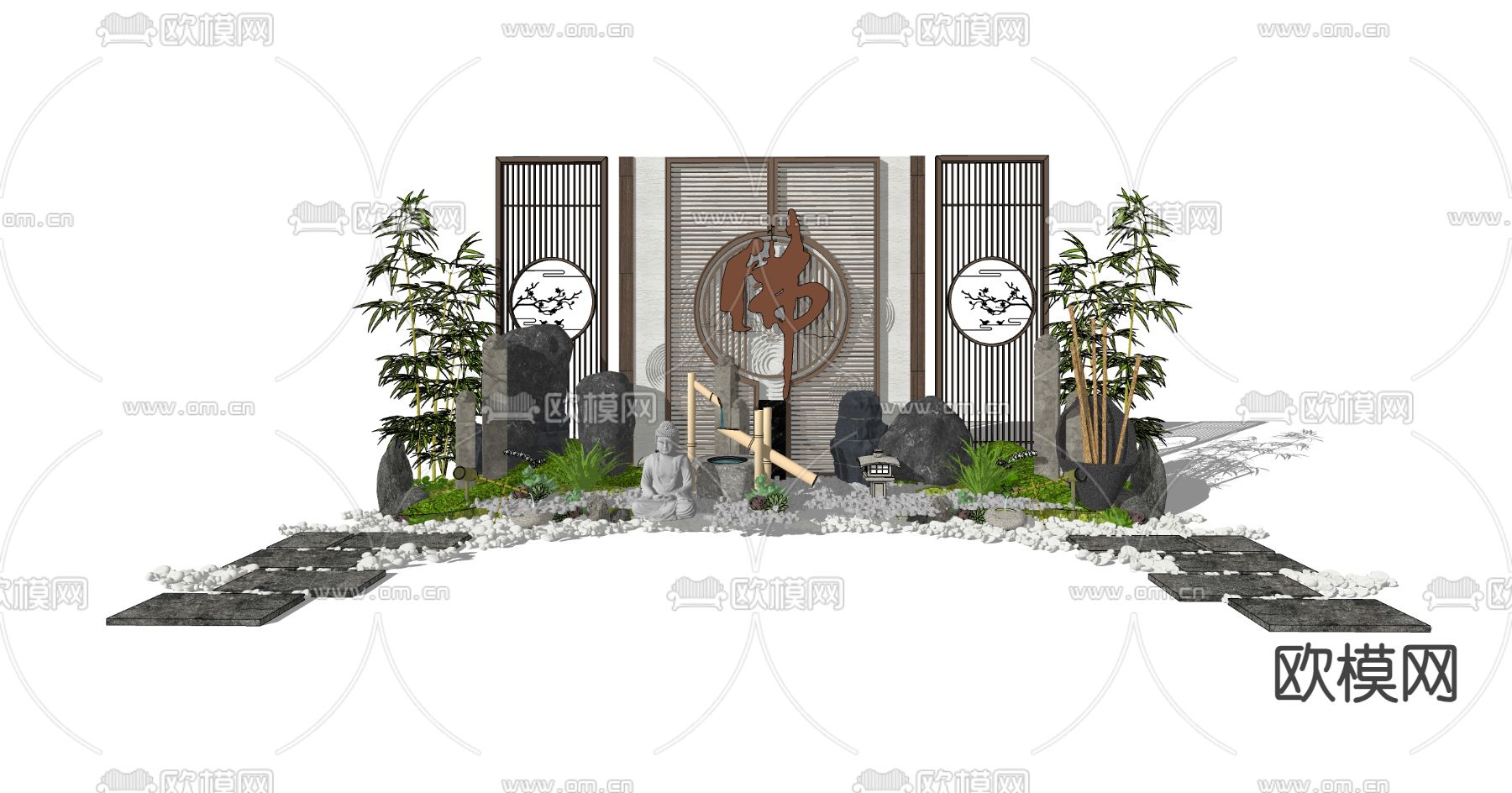 禅意雕塑小品 景墙su模型下载（渲染图2）