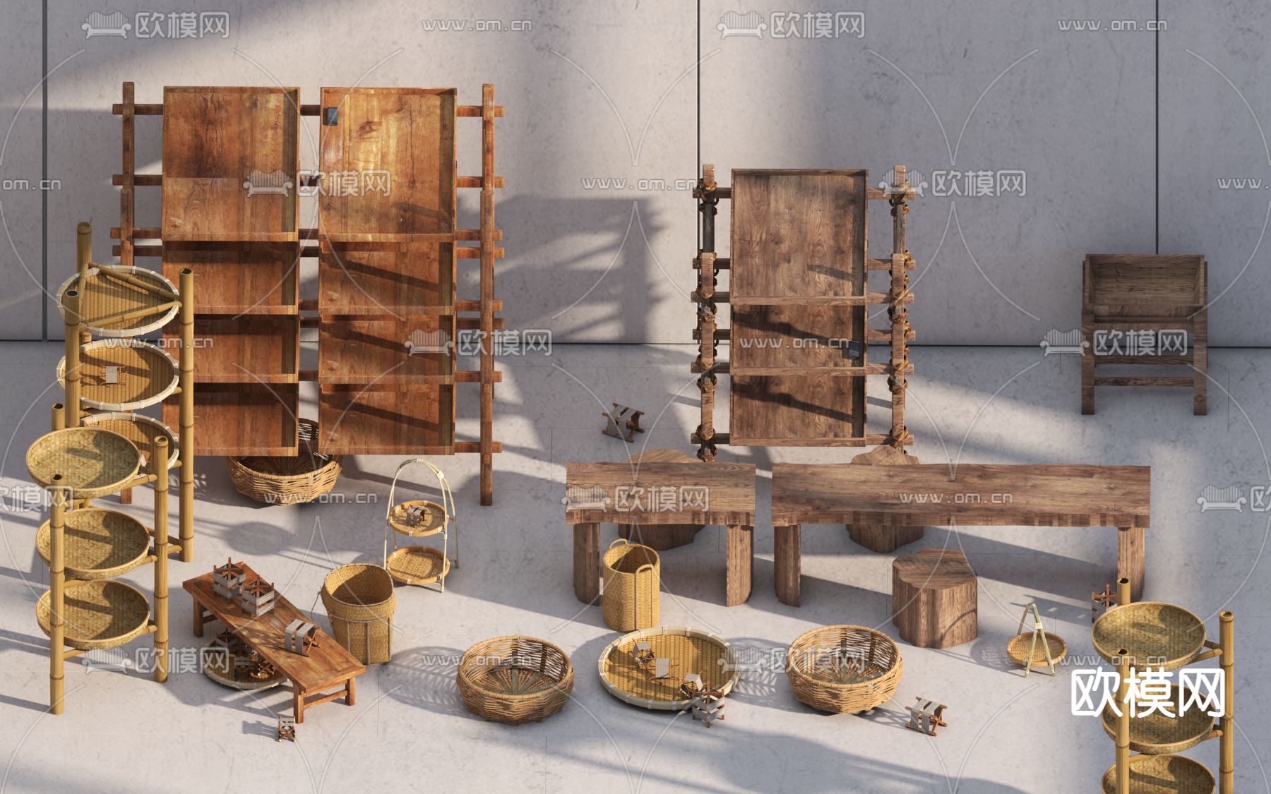 中式竹编篮子 晾晒架 圆木墩3d模型下载