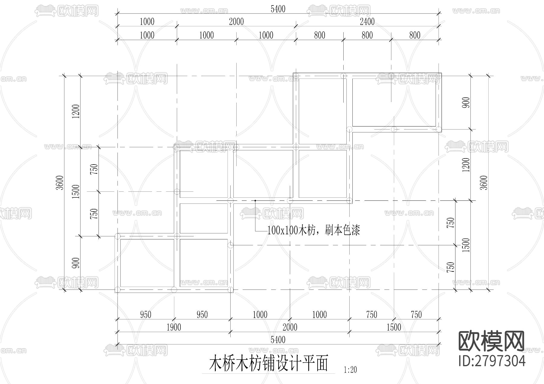 折线小木桥cad大样图下载（渲染图3）